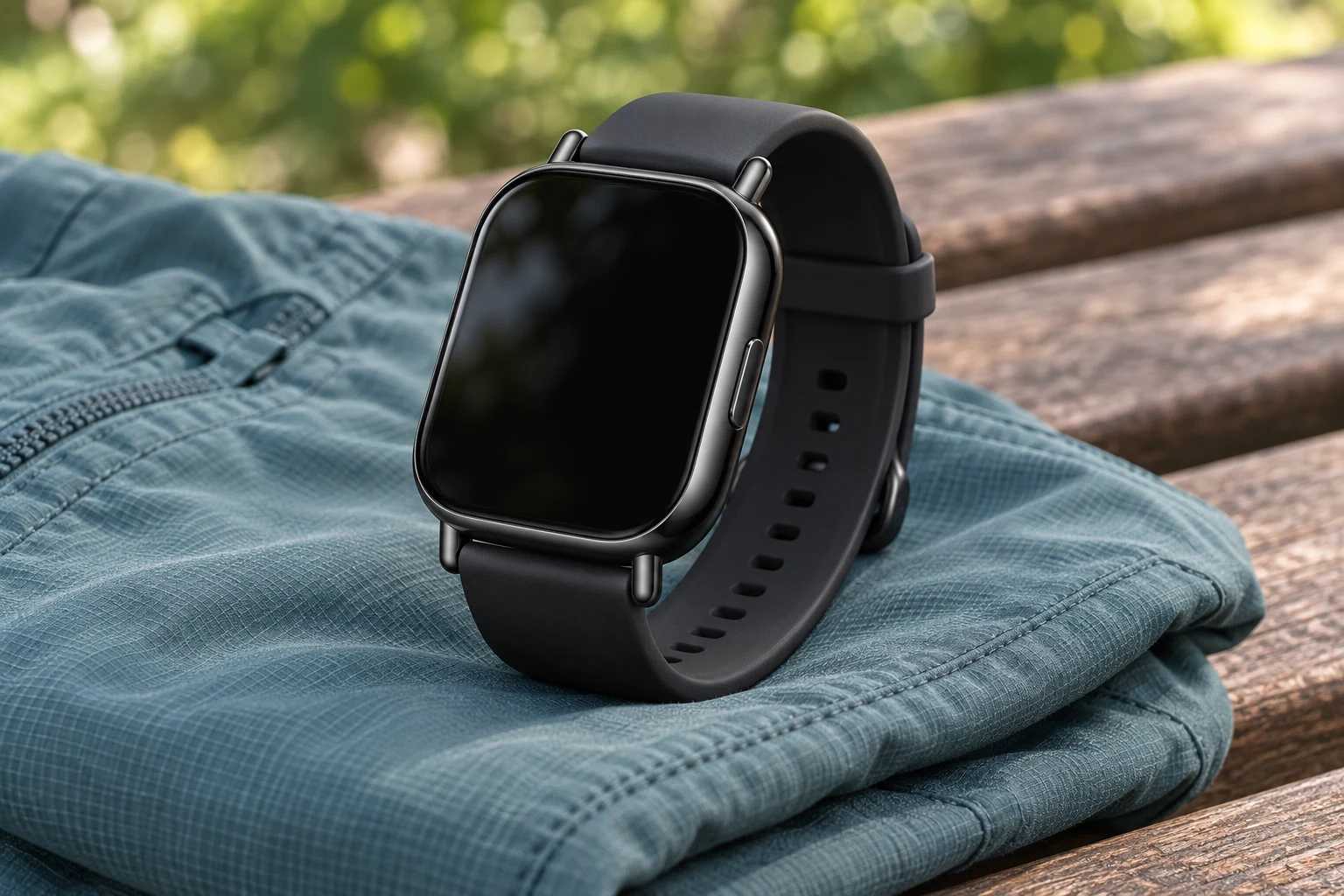 تصویرسازی ساعت مشکی Redmi Watch 5 Lite روی لباس ورزشی کنار مسیر پیادهروی