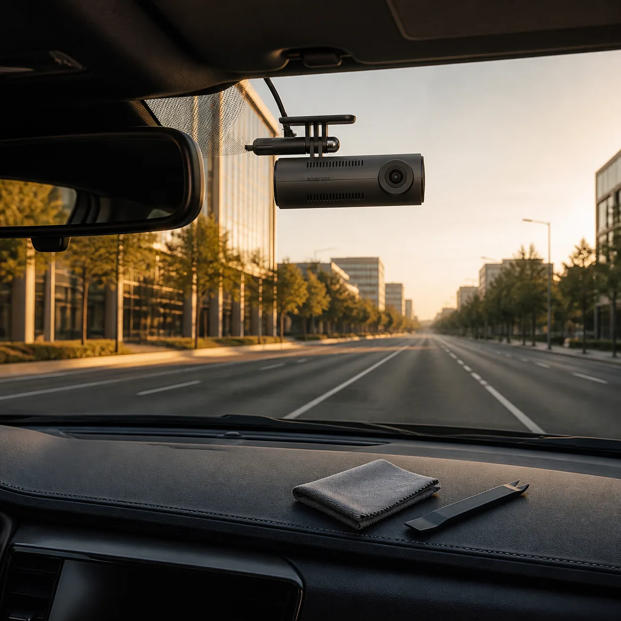 تنظیم کادر 70mai Dash Cam M310 روی شیشه جلو دوربین خودرو 70mai M310 نصبشده پشت آینه با قاب مستقیم خیابان و کابل مرتب