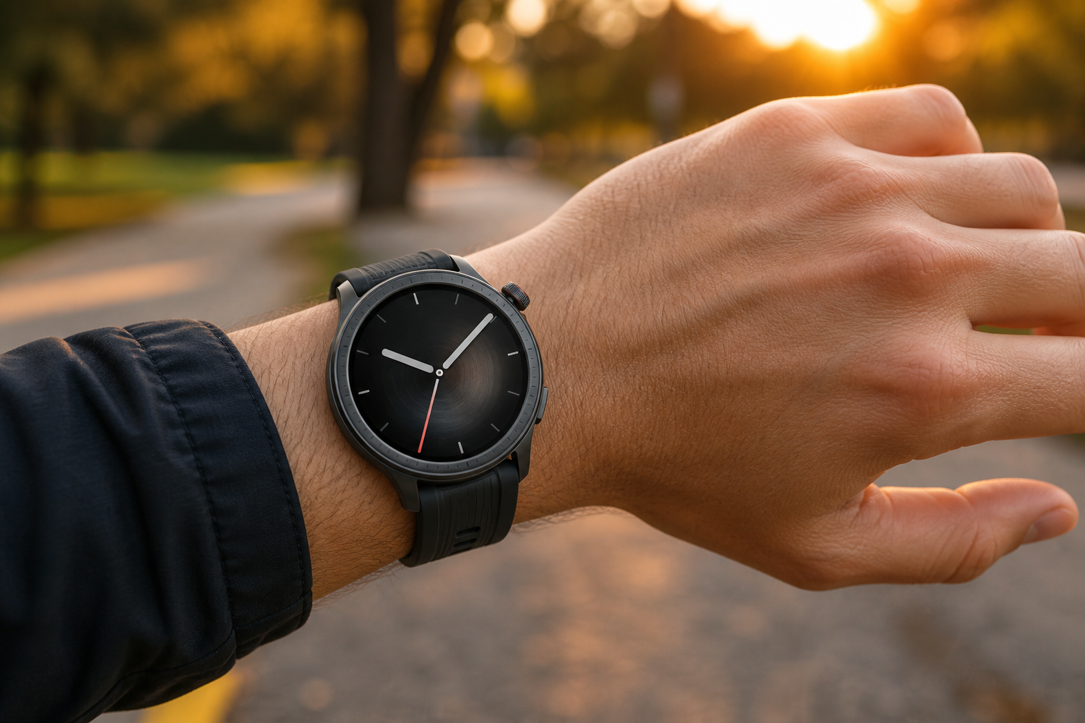 ساعت هوشمند امیزفیت Amazfit Balance مشکی روی مچ هنگام پیاده‌روی