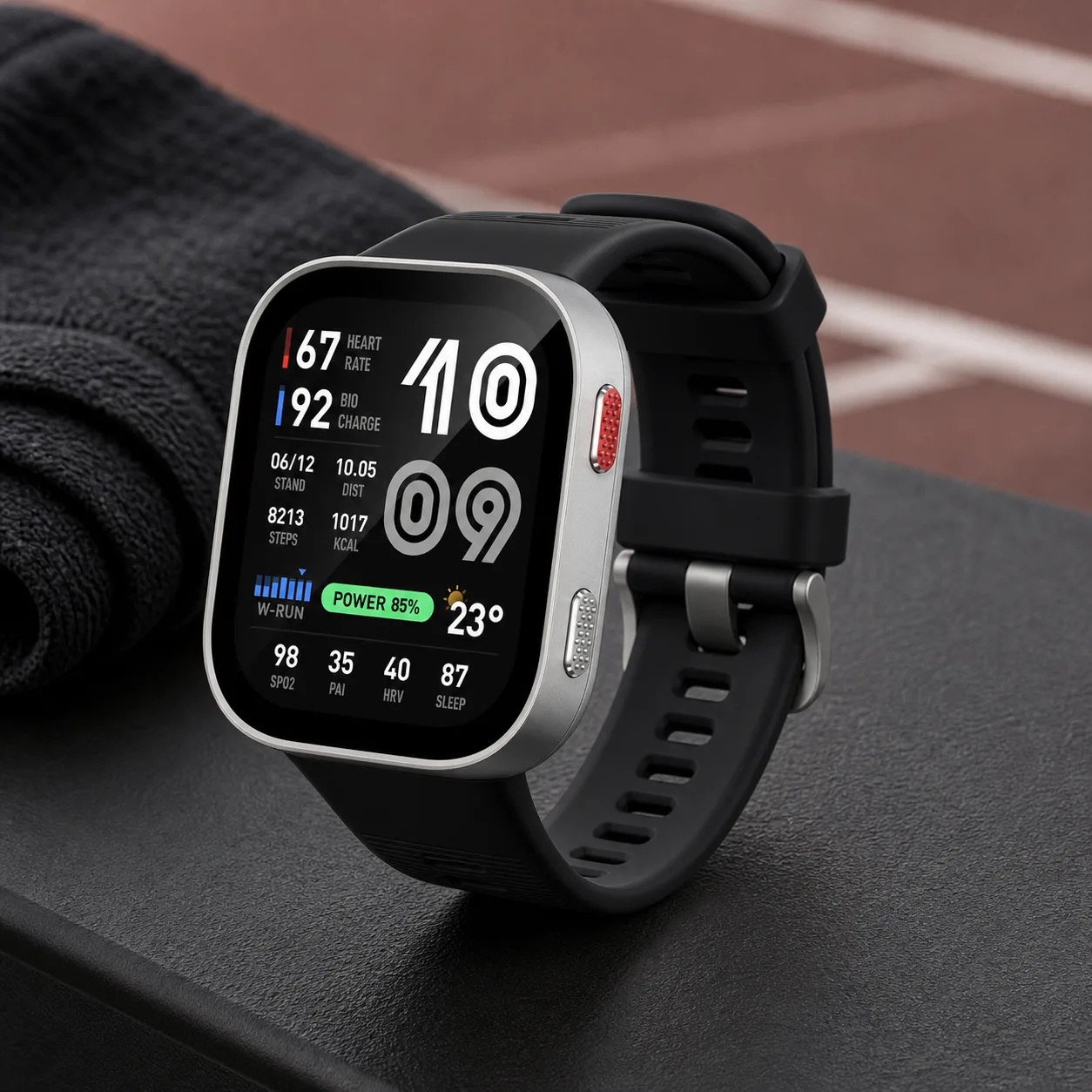ساعت هوشمند Amazfit Bip Max با قاب نقره‌ای و بند مشکی روی نیمکت تمرین