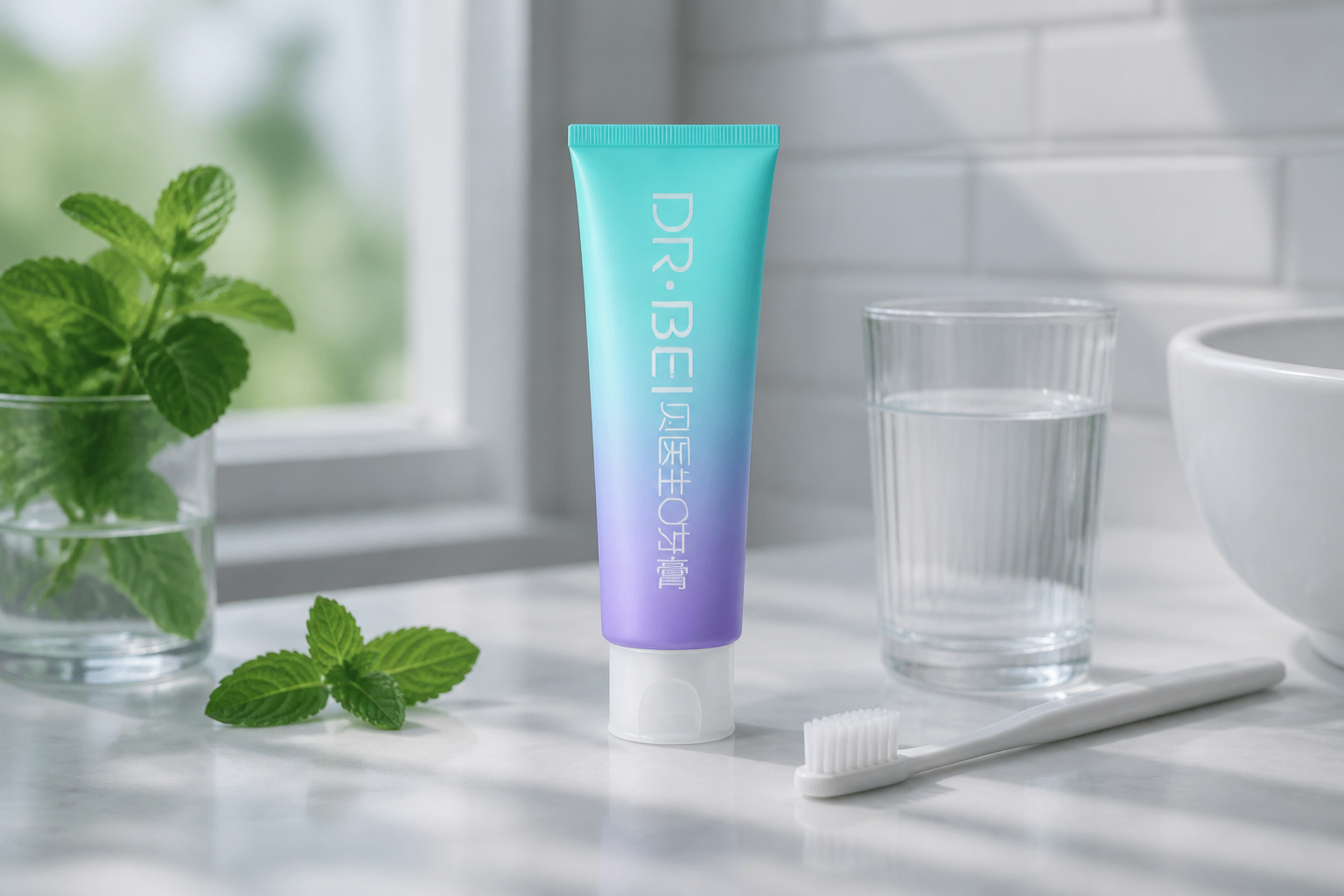 تیوب خمیردندان DR.BEI Ice Mint در کنار مسواک و لیوان آب