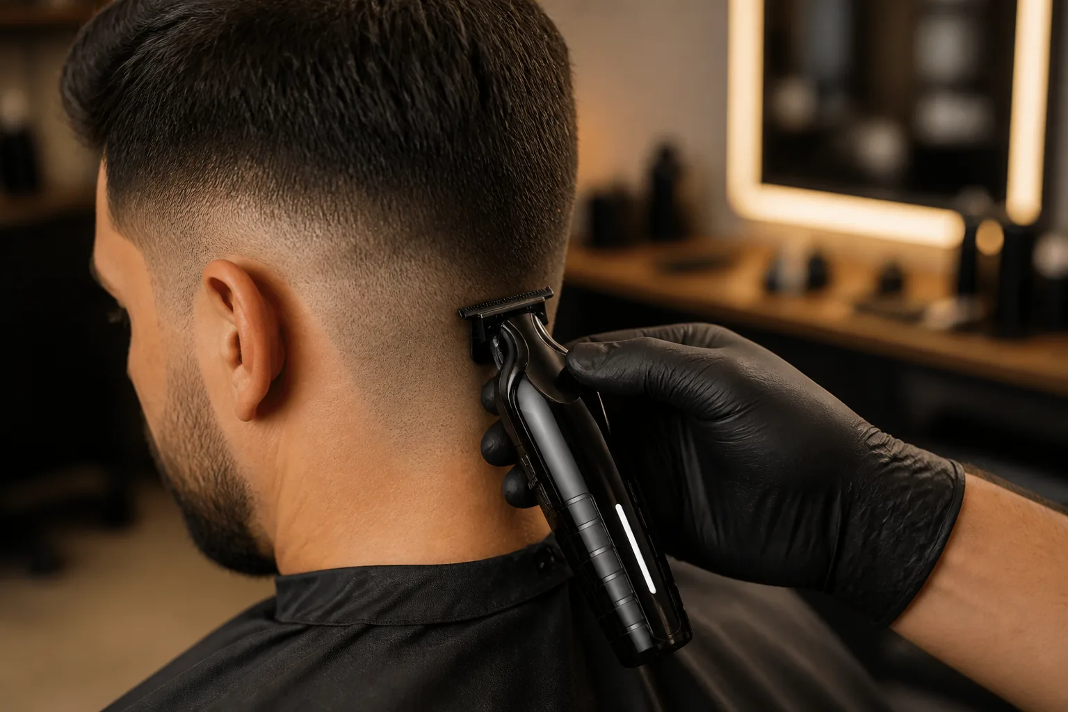 آرایشگر در حال مرتب کردن خط گردن با ماشین اصلاح مشکی Enchen Sharp 6