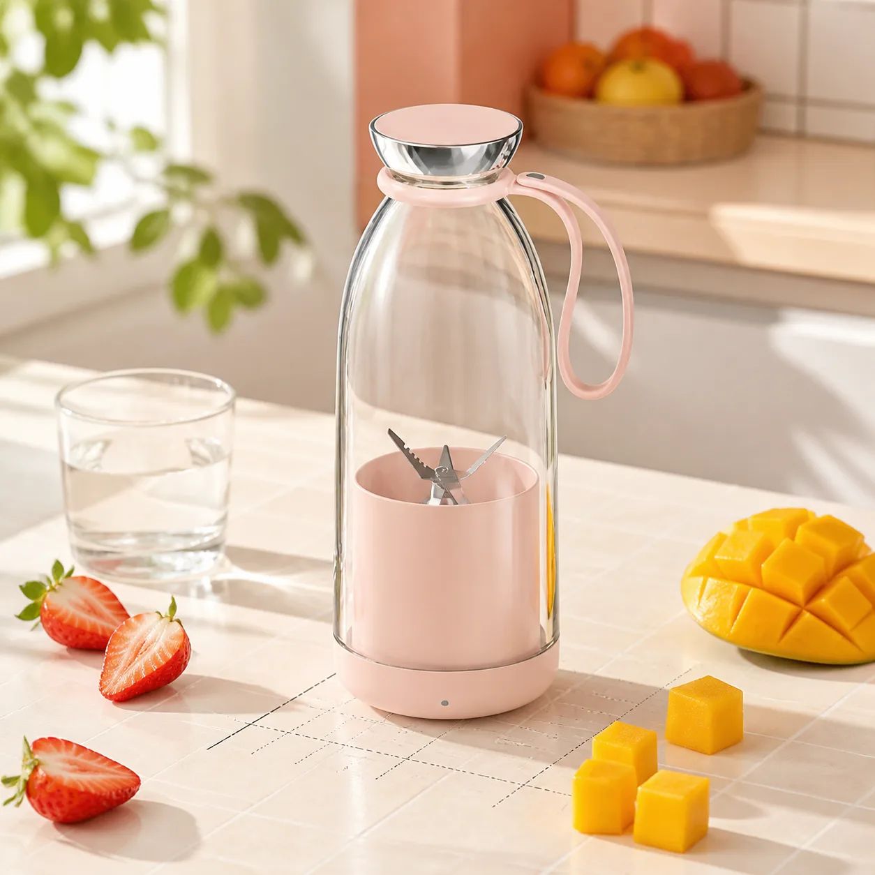آمادهسازی نوشیدنی با Fruit Blender 500ml مخلوطکن شارژی صورتی Fruit Blender کنار توتفرنگی، انبه و آب