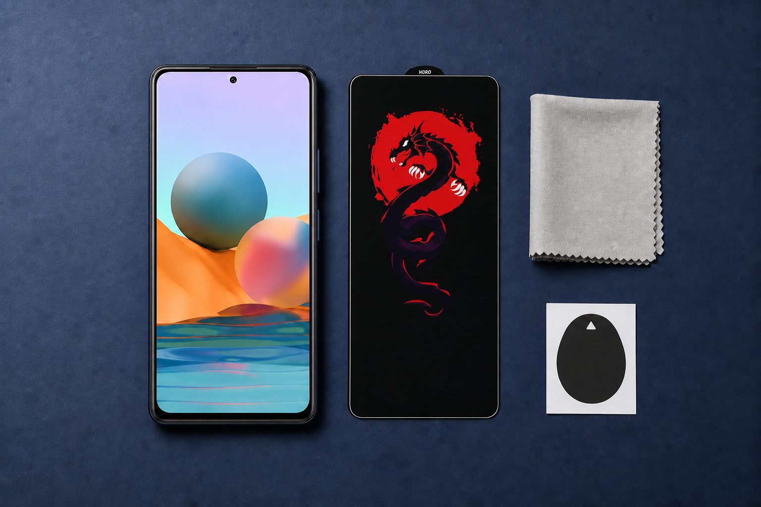 چیدمان گلس Horo در کنار نمای جلوی Redmi Note 10 Pro برای بررسی محل دوربین و لبه‌ها پیش از نصب
