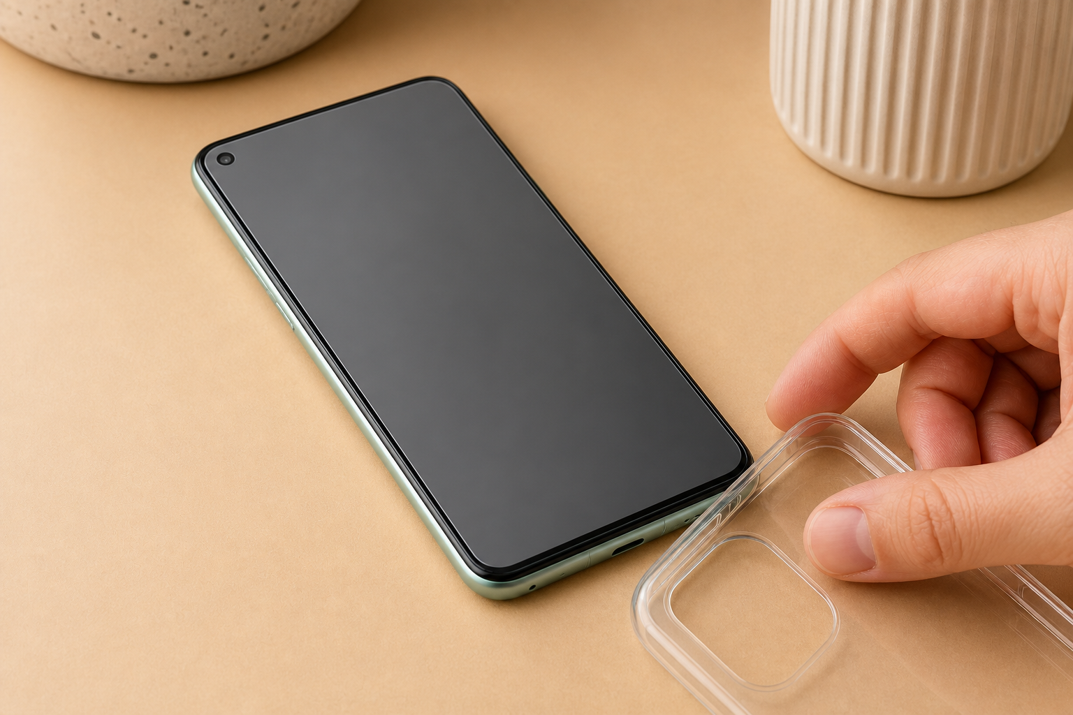 گلس شفاف نصب شده روی Mi 11 Lite با دوربین سلفی بالا چپ و قاب شفاف آماده نصب