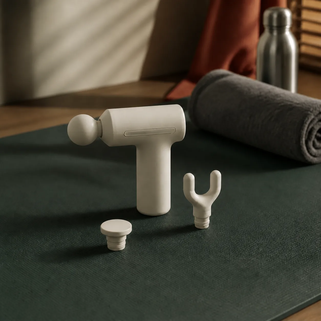 ماساژور Mijia Mini Massage Gun 3 در چیدمان ریکاوری ماساژور کرم Mijia Mini Massage Gun 3 همراه سه سری روی زیرانداز سبز