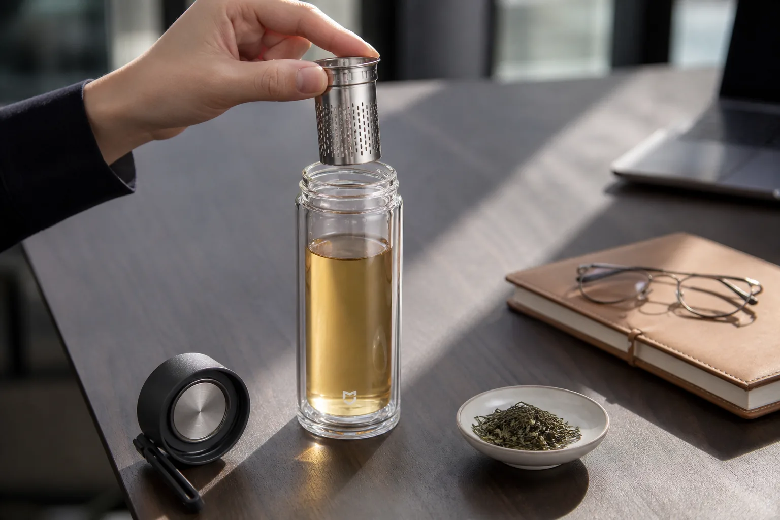 بیرون آوردن صافی استیل فلاسک شیشه‌ای Mijia MJBLB01PL از چای صاف روی میز کار