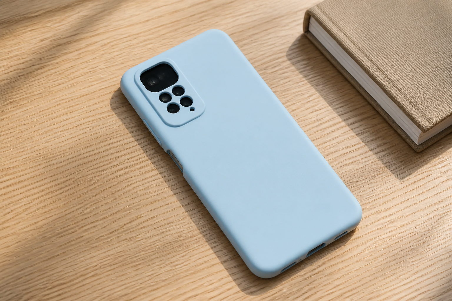 کاور سیلیکونی آبی روشن نصبشده روی Redmi Note 12S روی میز چوبی