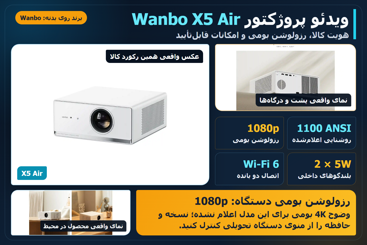 راهنمای تصویری ویدئو پروژکتور Wanbo X5 Air با عکس واقعی بدنه، درگاه‌ها و مشخصات اصلی