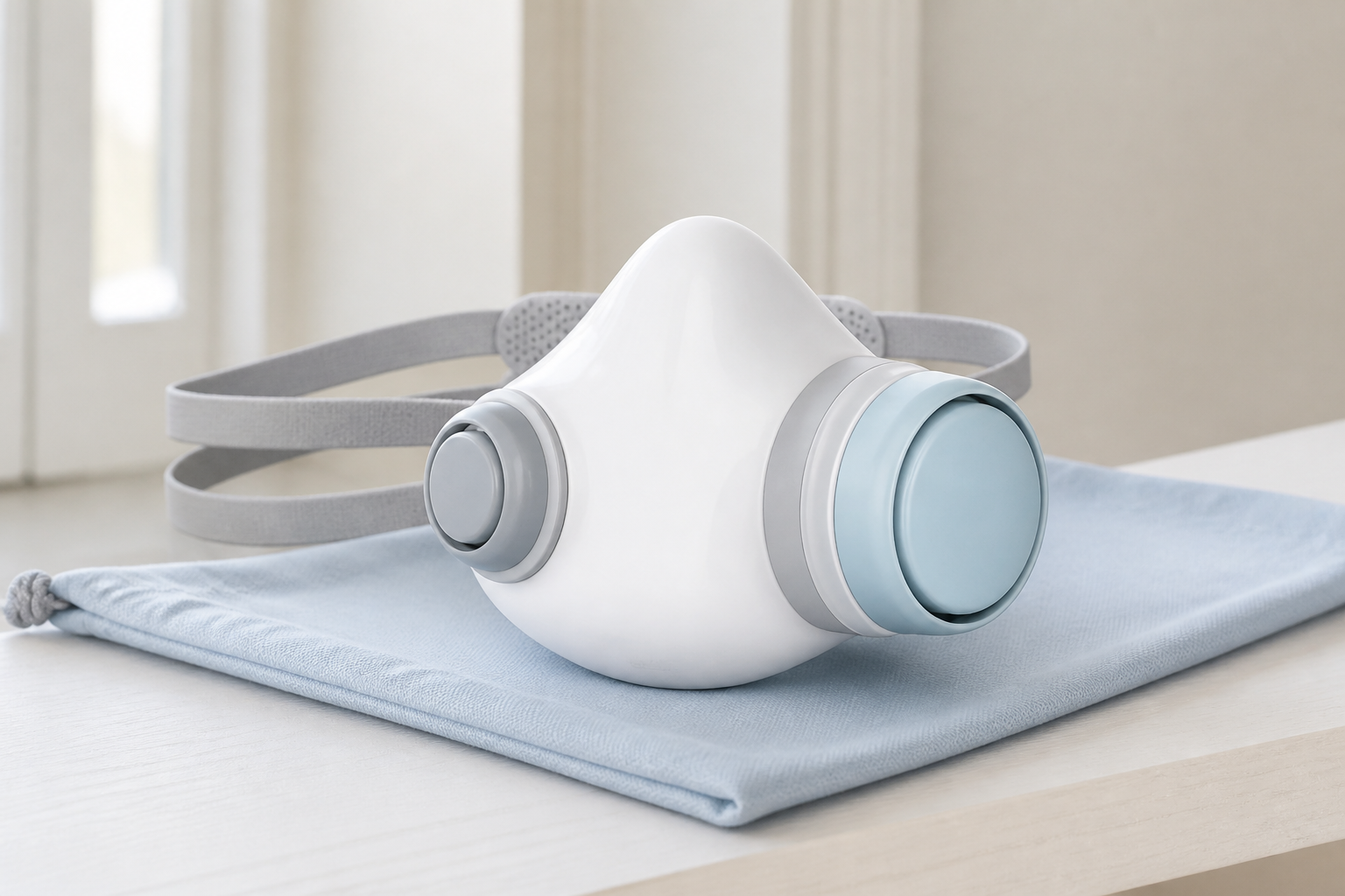 ماسک آبی AIRMOTION Woobi Plus با دو بند خاکستری و دو ماژول جانبی کنار کیف