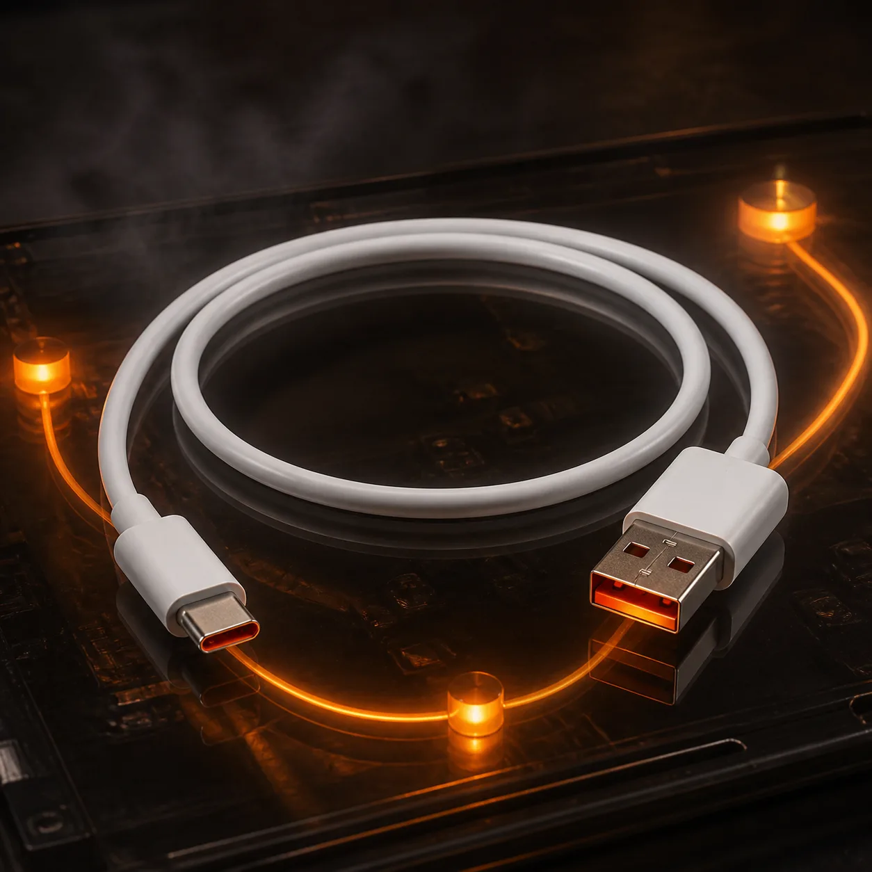 زنجیره شارژ سریع با کابل 120 وات شیائومی کابل سفید USB-A به USB-C شیائومی با سوکت نارنجی روی میز عیبیابی