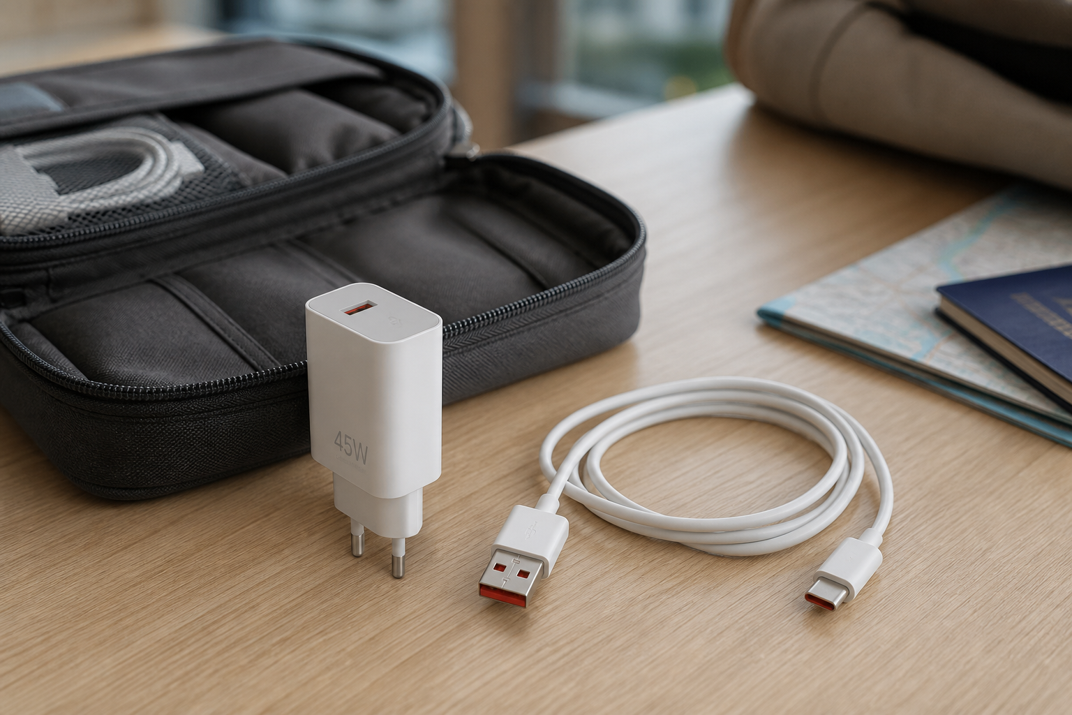 آداپتور سفید ۴۵ وات شیائومی با یک پورت USB-A قرمز و کابل USB-A به USB-C کنار کیف سفر