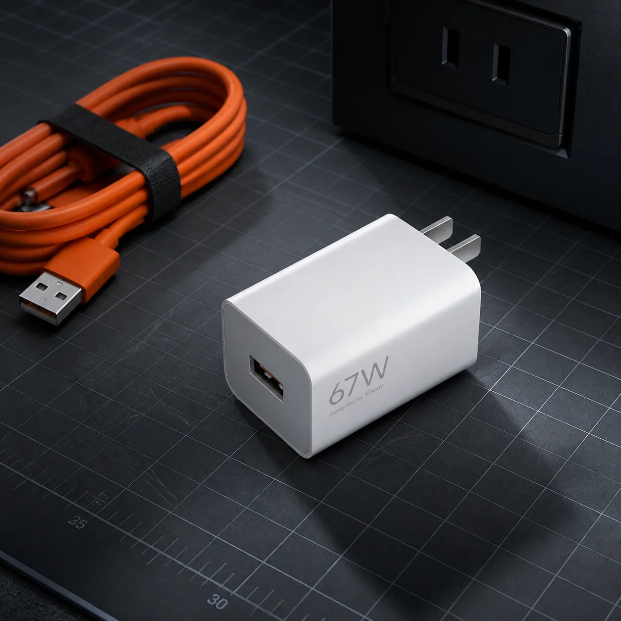 بررسی سازگاری آداپتور ۶۷ وات شیائومی آداپتور سفید ۶۷ وات شیائومی با خروجی USB-A و دوشاخه تخت روی میز فنی
