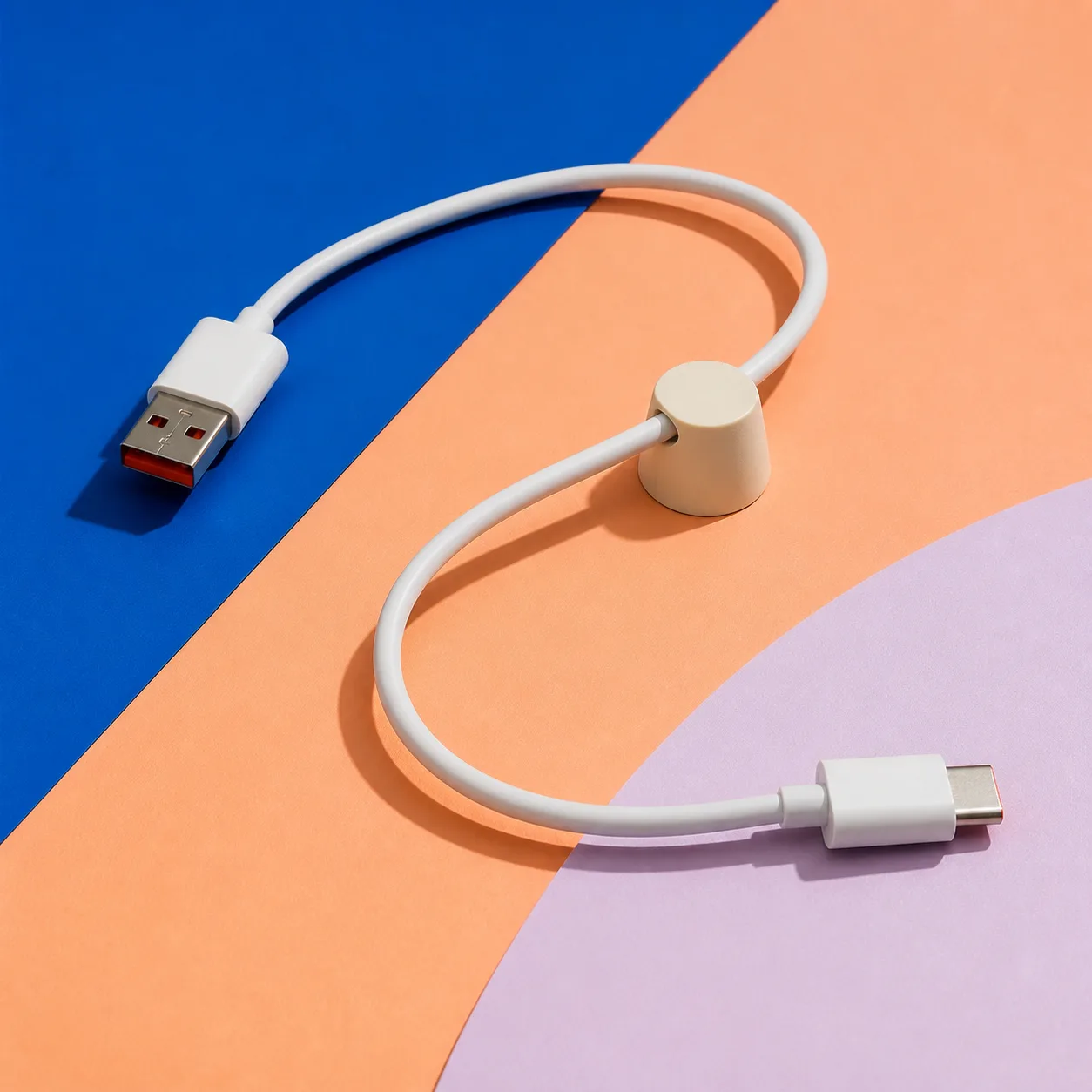 شناخت دو سر کابل شارژ ۶۷ وات شیائومی کابل سفید ۶۷ وات شیائومی با دو سر USB-A و USB-C و جزئیات قرمز روی زمینه رنگی