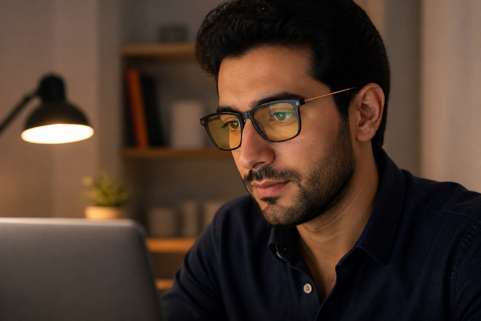 کاربر پشت لپ‌تاپ با عینک کامپیوتر مشکی شیائومی Mijia Pro مدل HMJ02TS
