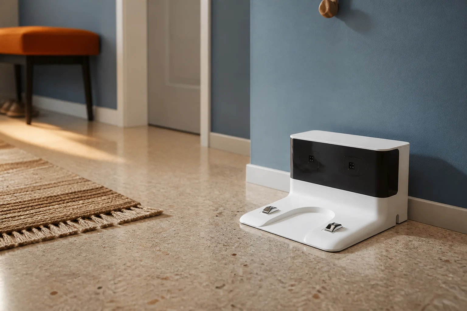 داک سفید و مشکی Xiaomi Mop Essential مدل G1 در ورودی خانه با مسیر خالی و فرش کناررفته