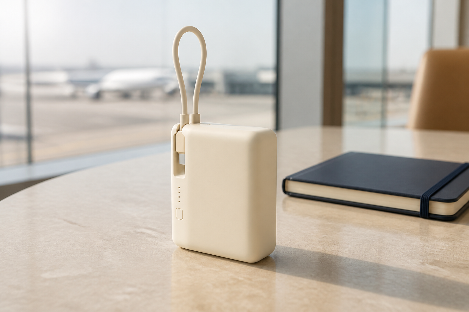 پاوربانک کرم Xiaomi PB1033MI با کابل USB-C یکپارچه حلقه‌شده روی میز فرودگاه