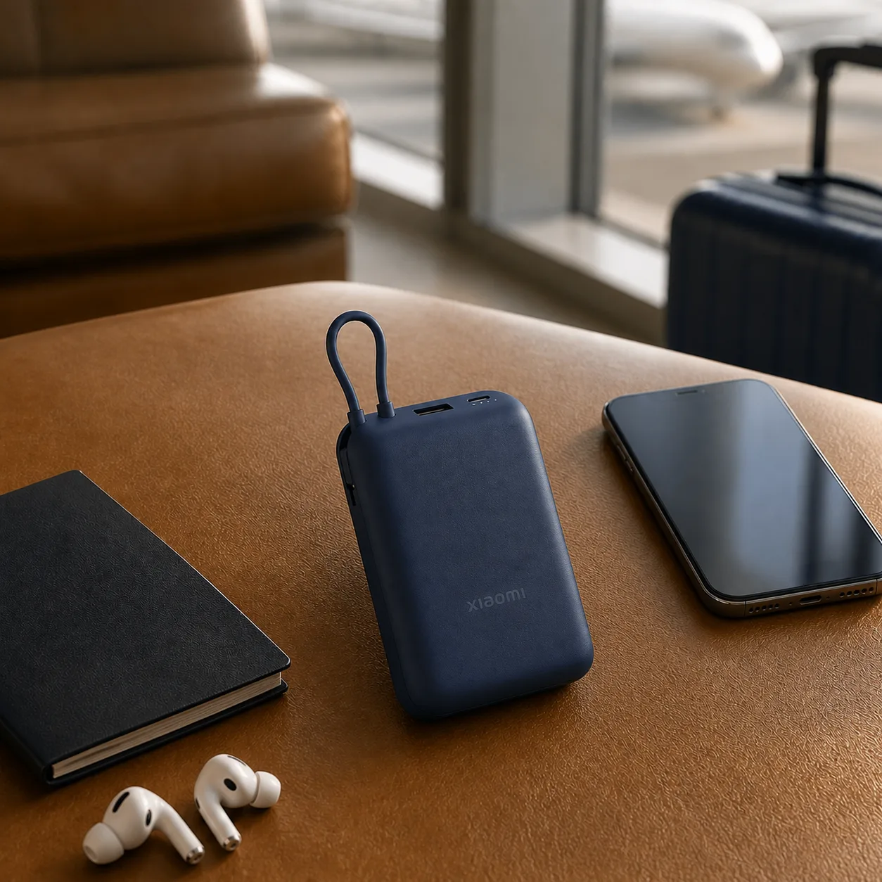 پاوربانک شیائومی PB2030MI آماده سفر پاوربانک سرمهای Xiaomi PB2030MI با کابل USB-C یکپارچه روی میز چرمی در سالن فرودگاه