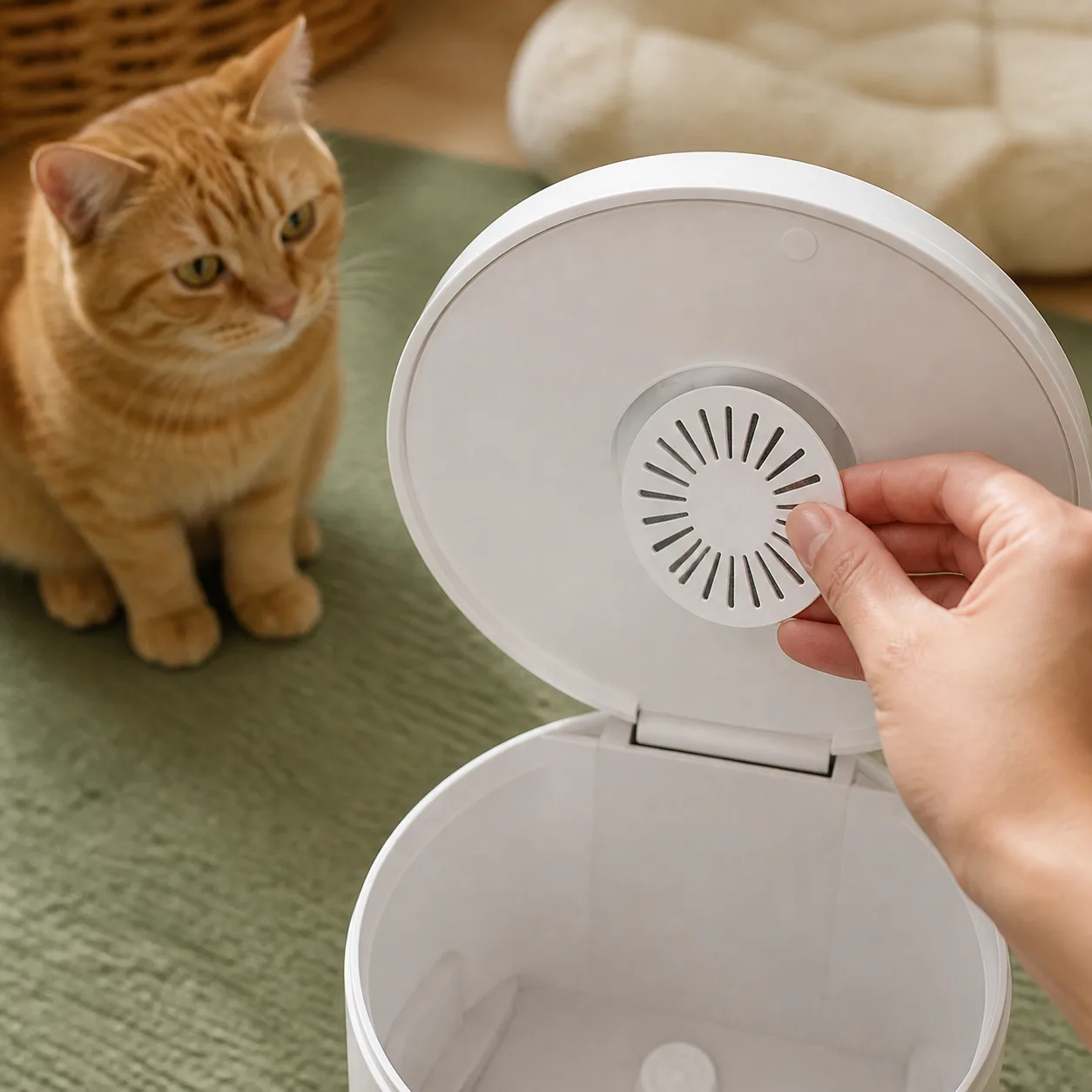 نصب کارتریج رطوبتگیر Xiaomi Smart Pet Food Feeder تعویض کارتریج رطوبتگیر XWDB01MG-GL در درپوش غذارسان هوشمند شیائومی