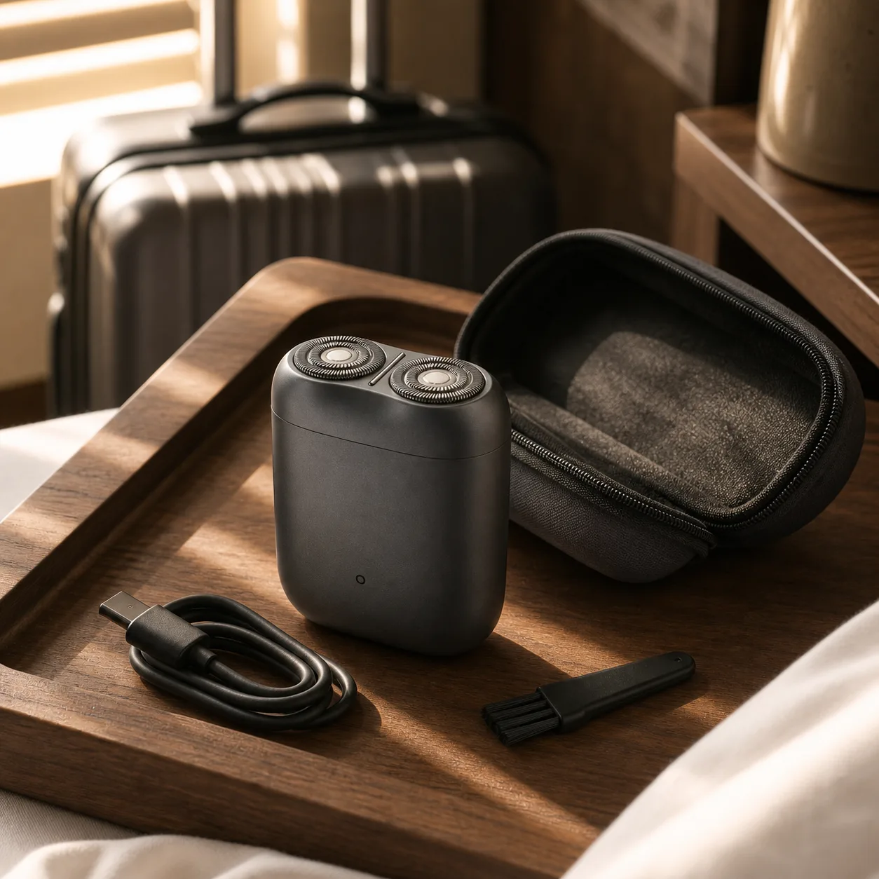 روتین سفر با Xiaomi Electric Shaver S200 ریش تراش جیبی شیائومی S200 کنار کیف، کابل USB-C و برس تمیزکاری در سفر