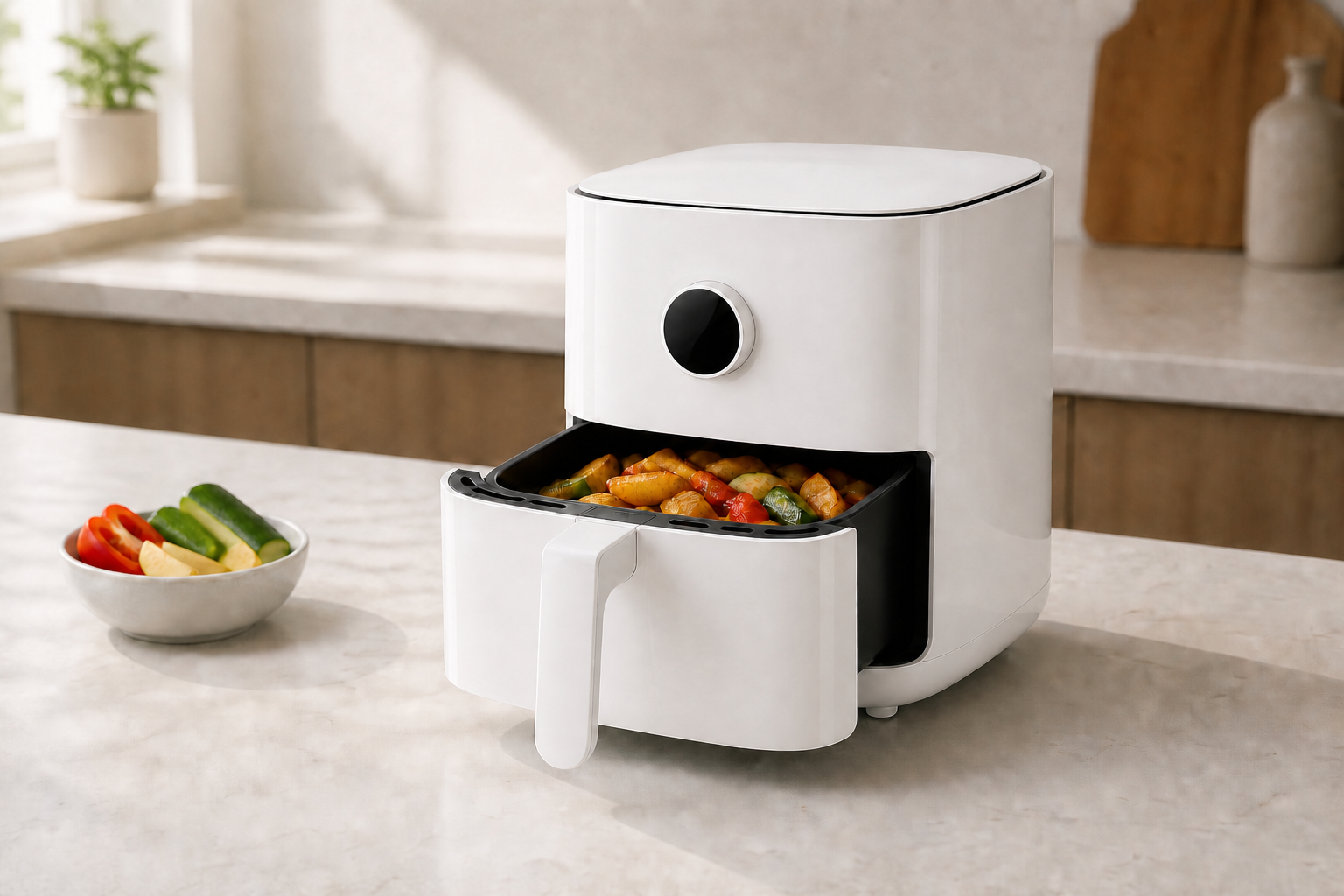 هواپز سفید شیائومی Xiaomi Smart Air Fryer 4.5L مدل MAF14 با سبد نیمه‌باز و سبزیجات روی کانتر آشپزخانه