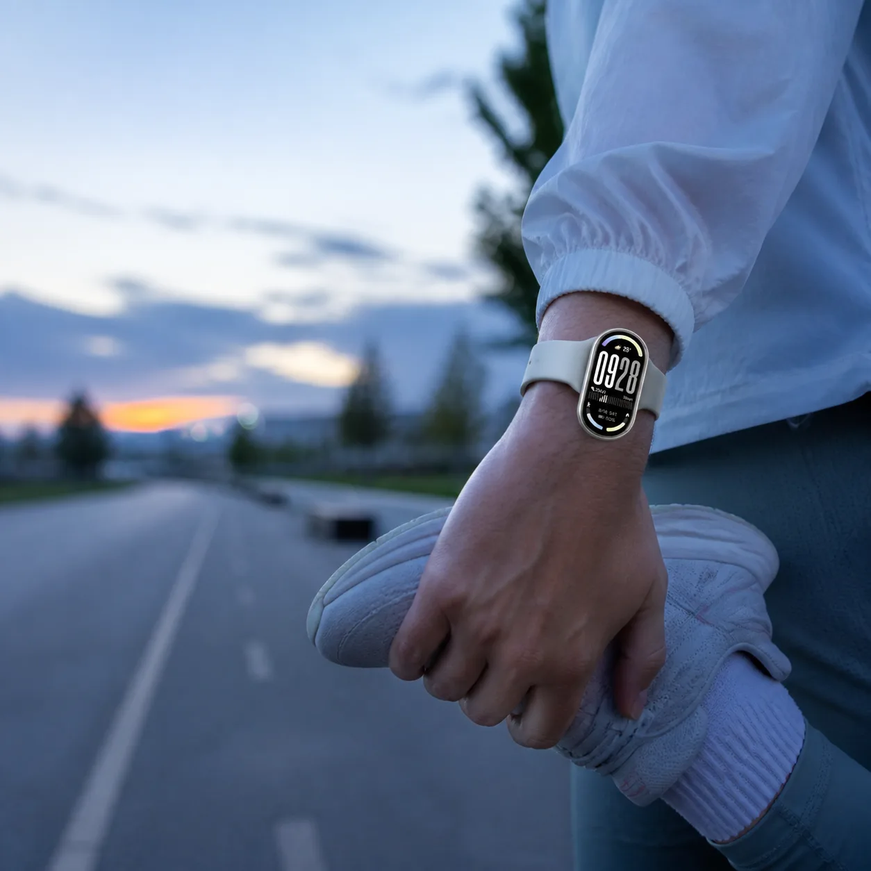 استفاده روزانه از شیائومی اسمارت بند ۱۰ در تمرین صبح مچ بند Xiaomi Smart Band 10 سفید روی مچ ورزشکار هنگام کشش صبحگاهی در مسیر دویدن