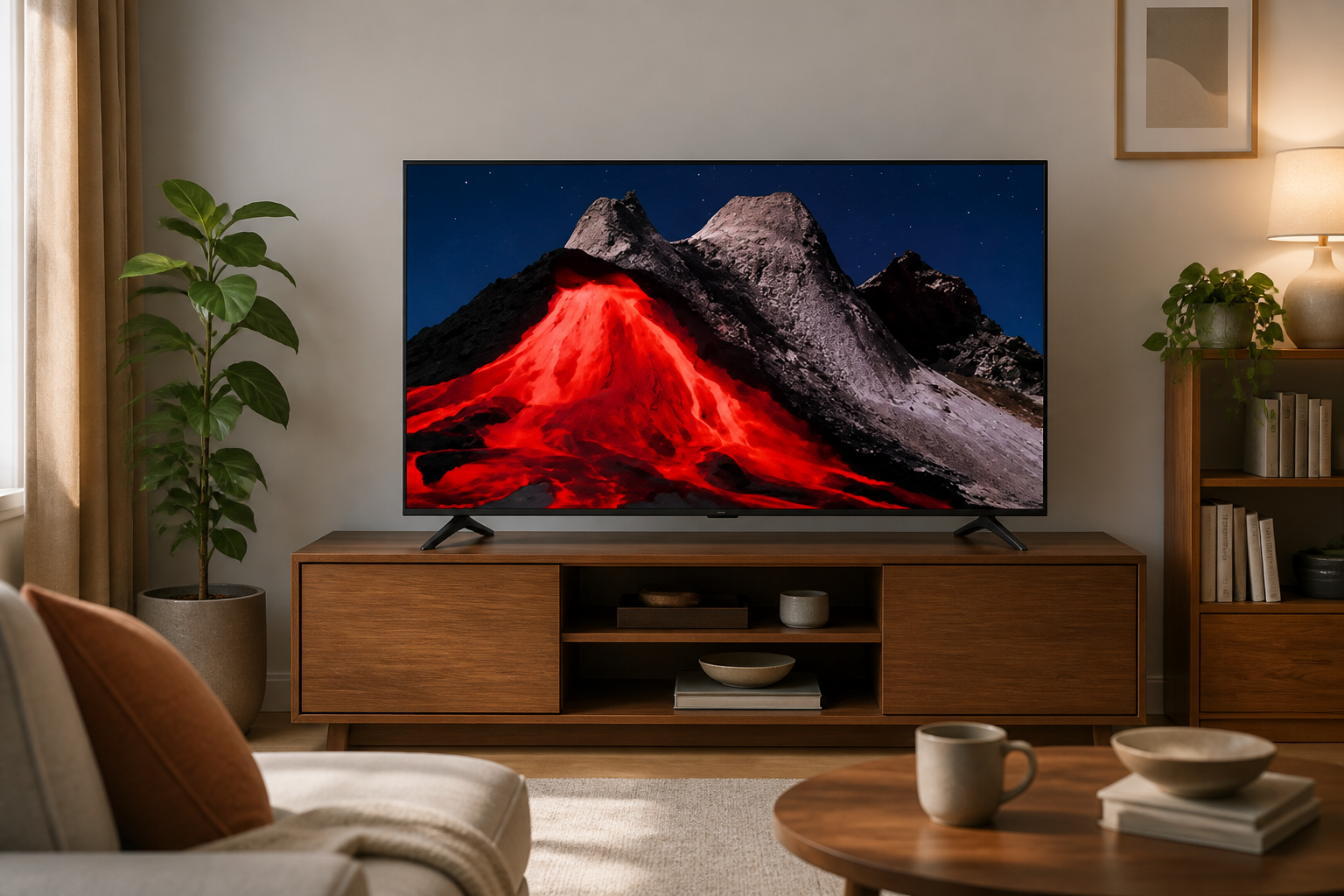 تلویزیون ۴۳ اینچ Xiaomi TV A Pro 2026 سالم روی دو پایه در نشیمن جمع‌وجور