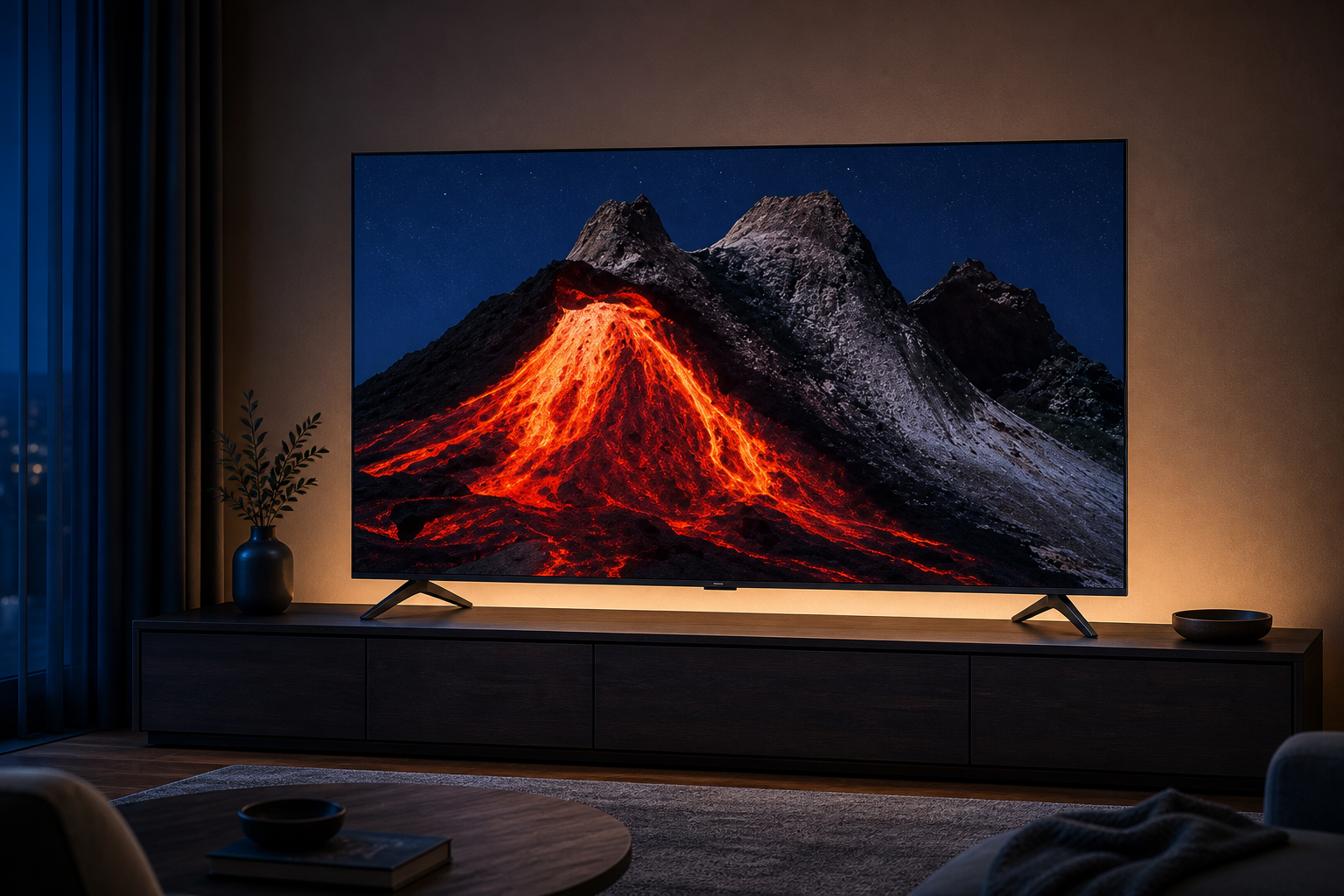 تلویزیون ۶۵ اینچ Xiaomi TV A Pro 2026 سالم روی دو پایه در فضای سینمای خانگی شبانه