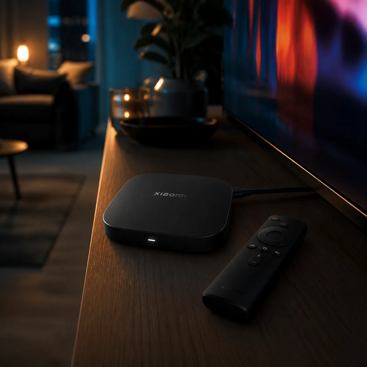 اندروید باکس مشکی Xiaomi TV Box S نسل سوم و کنترل آن روی میز چوبی کنار تلویزیون در اتاق سینمای خانگی