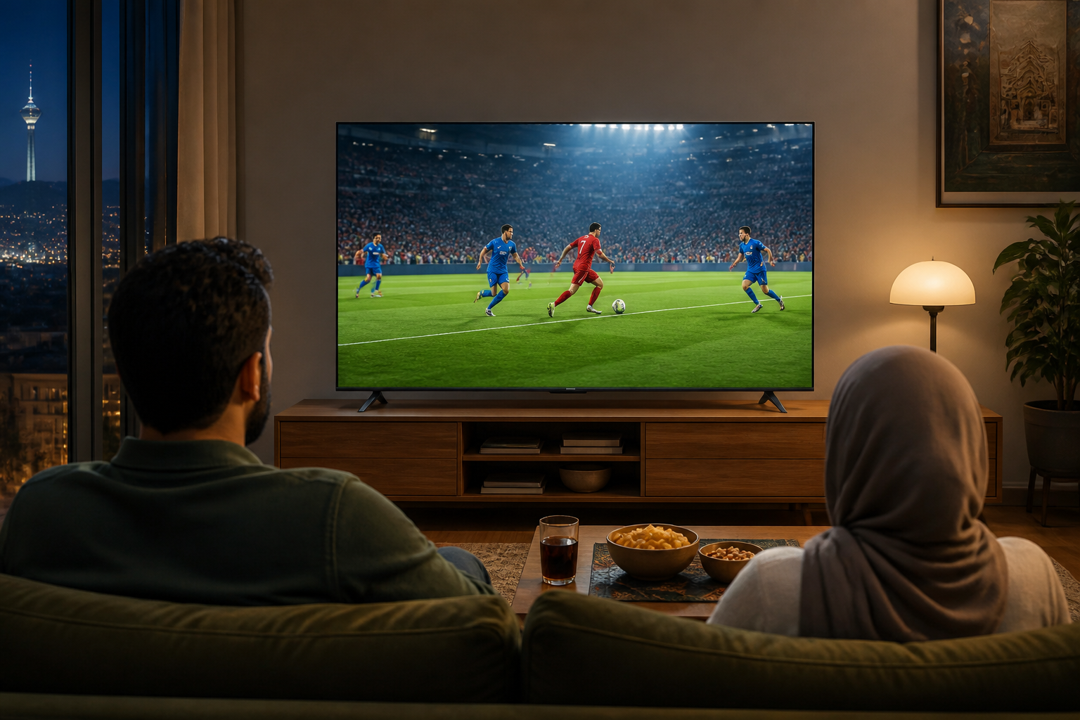 تماشای مسابقه فوتبال با تلویزیون شیائومی S Mini LED 55 2025 در اتاق نشیمن