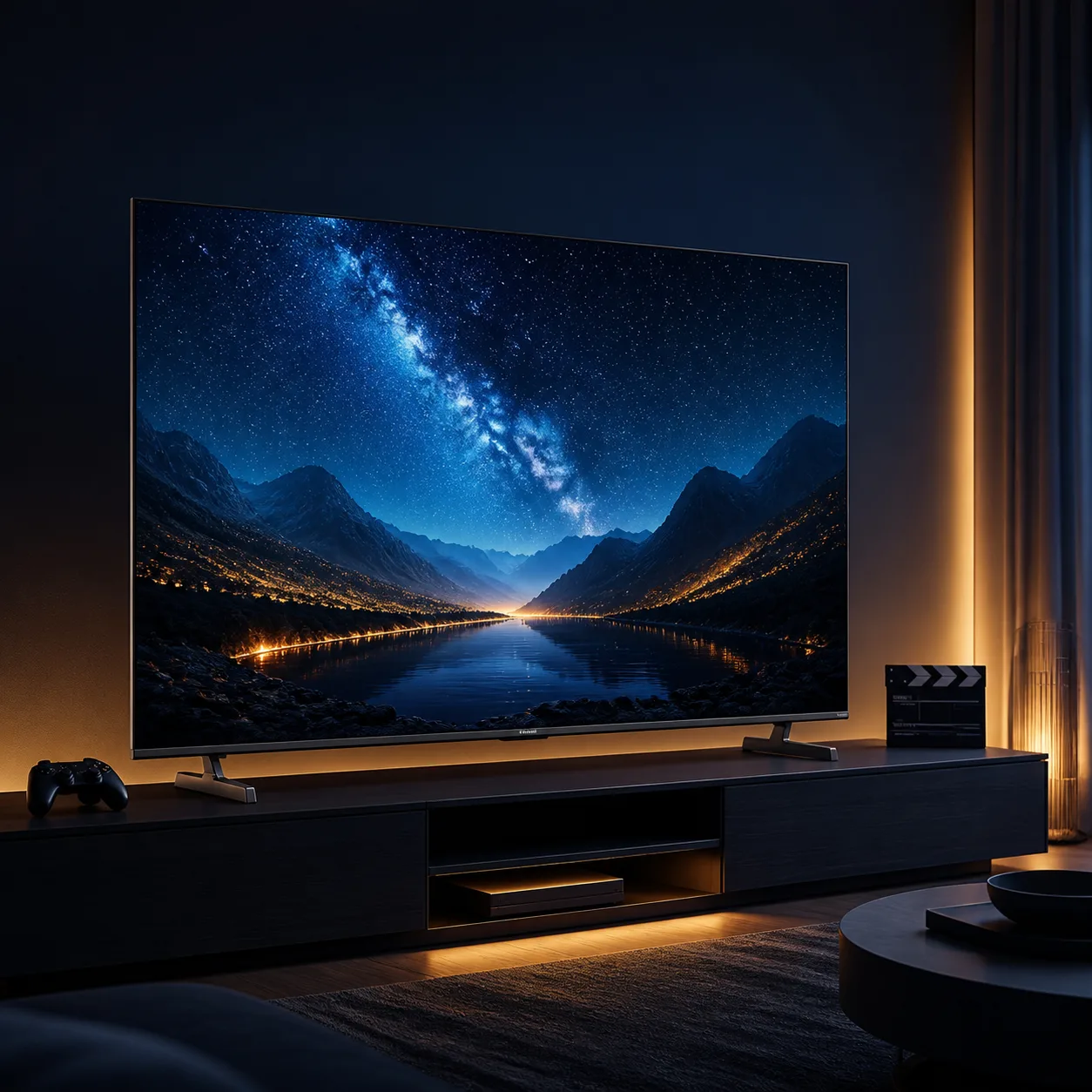 ترکیب سینما و بازی با Xiaomi TV S Pro Mini LED 55 2026 تلویزیون شیائومی S Pro Mini LED 55 مدل 2026 در نشیمن سینمایی با تصویر شب پرکنتراست