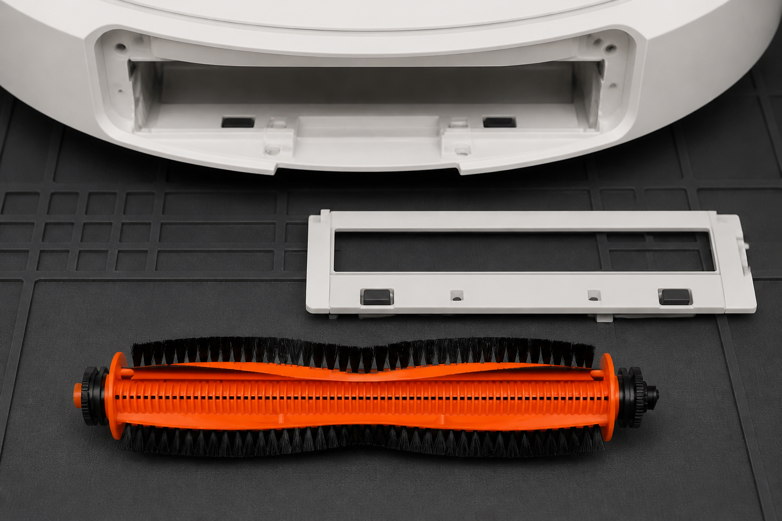 برس اصلی نارنجی و مشکی Xiaomi X20 Max جلوی محفظه باز رولر روی پد سرویس