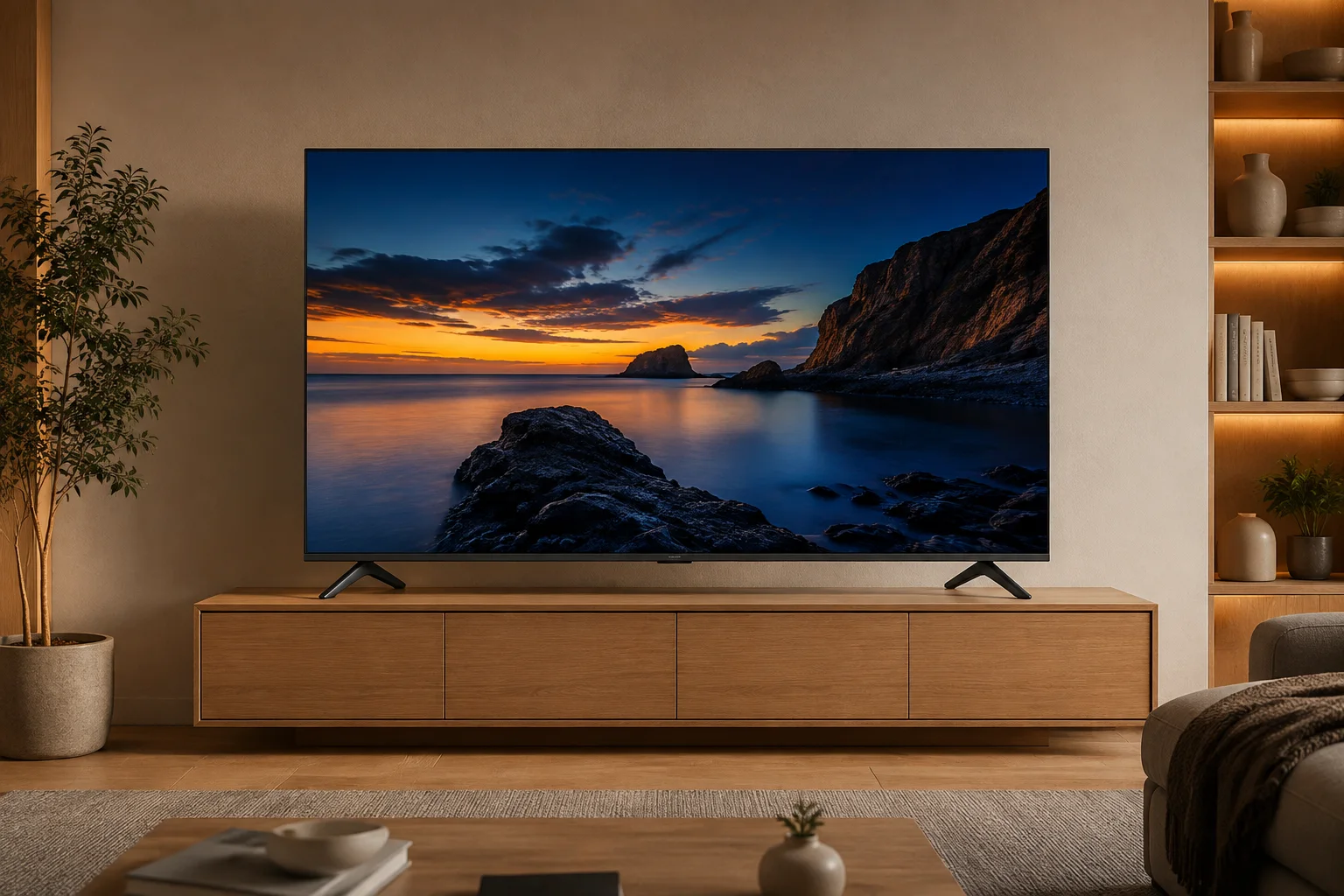 تلویزیون ۷۵ اینچ Xiaomi TV A Pro 2026 روی میز عریض در فضای نشیمن