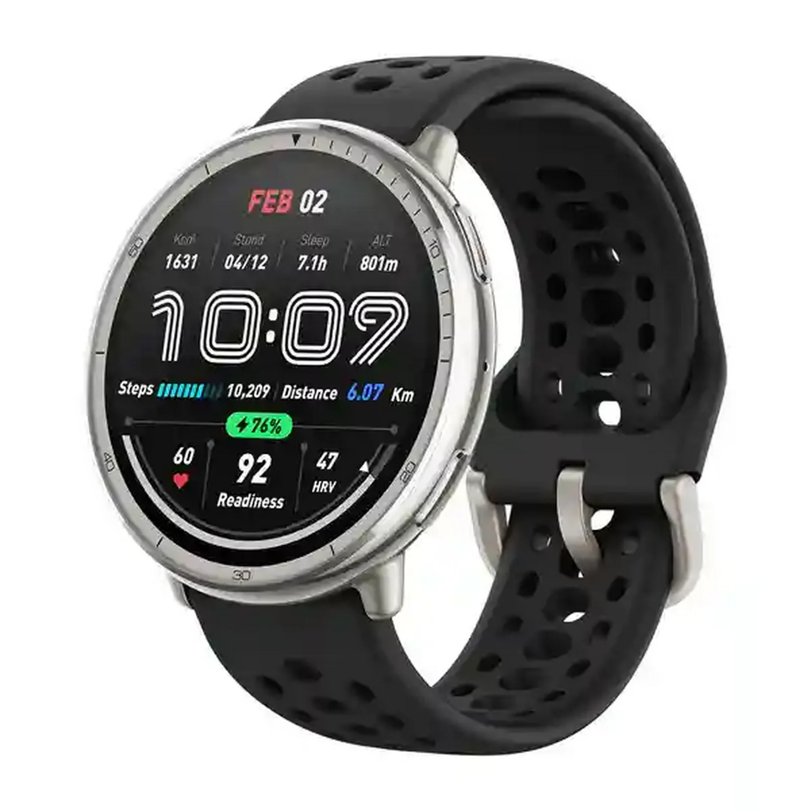 ساعت هوشمند شیائومی Amazfit Active 2 با قاب نقره‌ای، صفحه گرد و بند سیلیکونی مشکی سوراخ‌دار