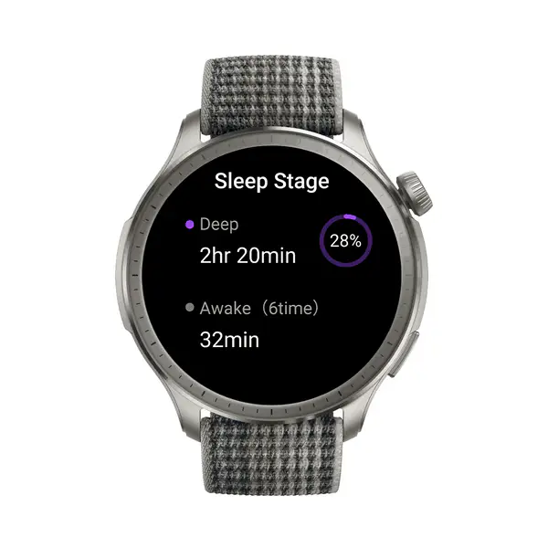 صفحه Sleep Stage امیزفیت بالانس با آمار خواب عمیق نمایش مراحل خواب روی ساعت Amazfit Balance نقرهای با بند پارچهای