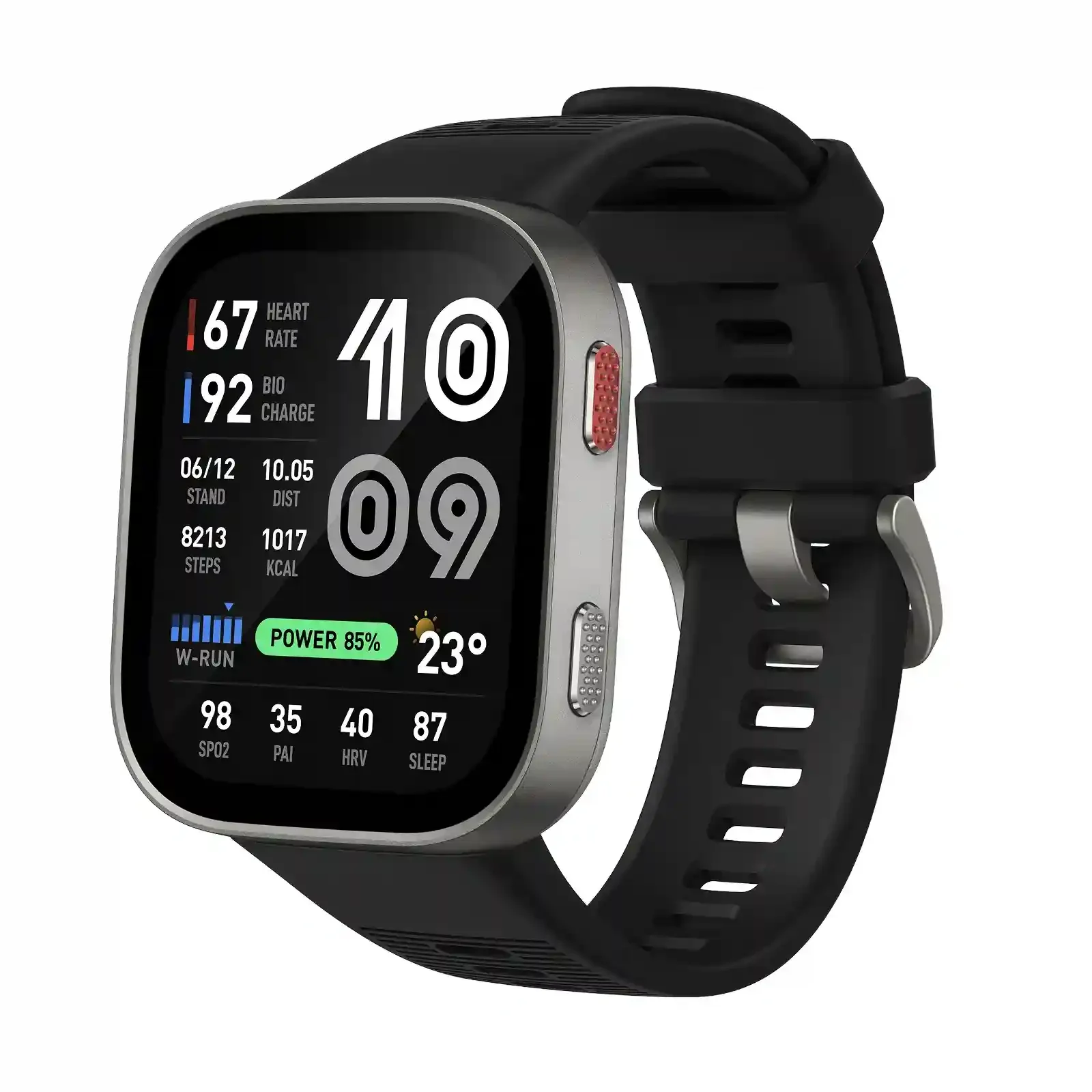 ساعت هوشمند شیائومی Amazfit BIP Max با قاب نقره‌ای، بند مشکی و صفحه نمایش اطلاعات سلامت و فعالیت