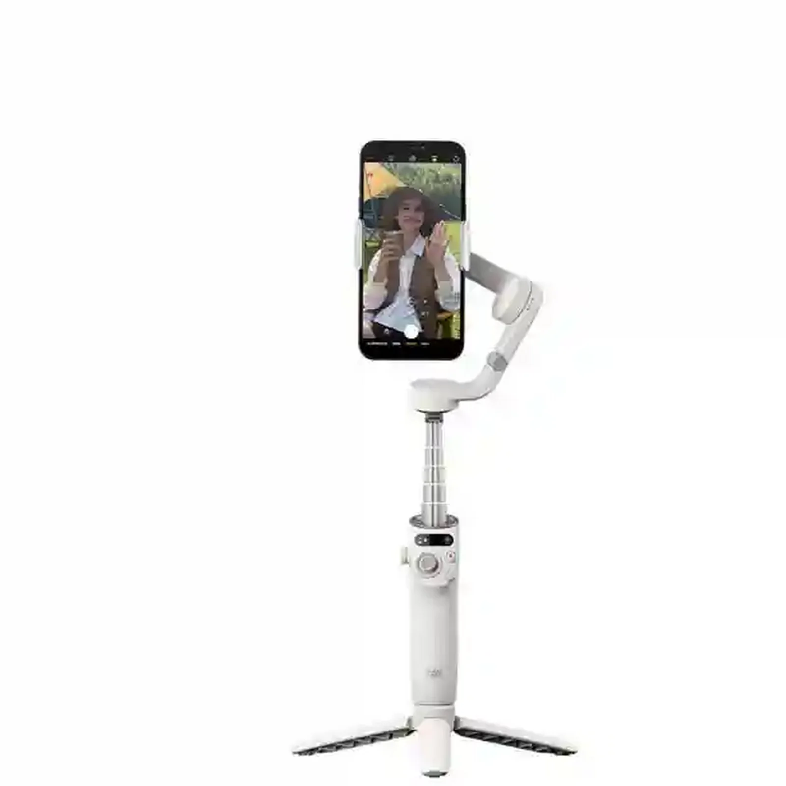 نمای ایستاده اسمو موبایل 6 جعبه باز گیمبال DJI Osmo Mobile 6 سفید جعبه باز با سهپایه و گوشی عمودی