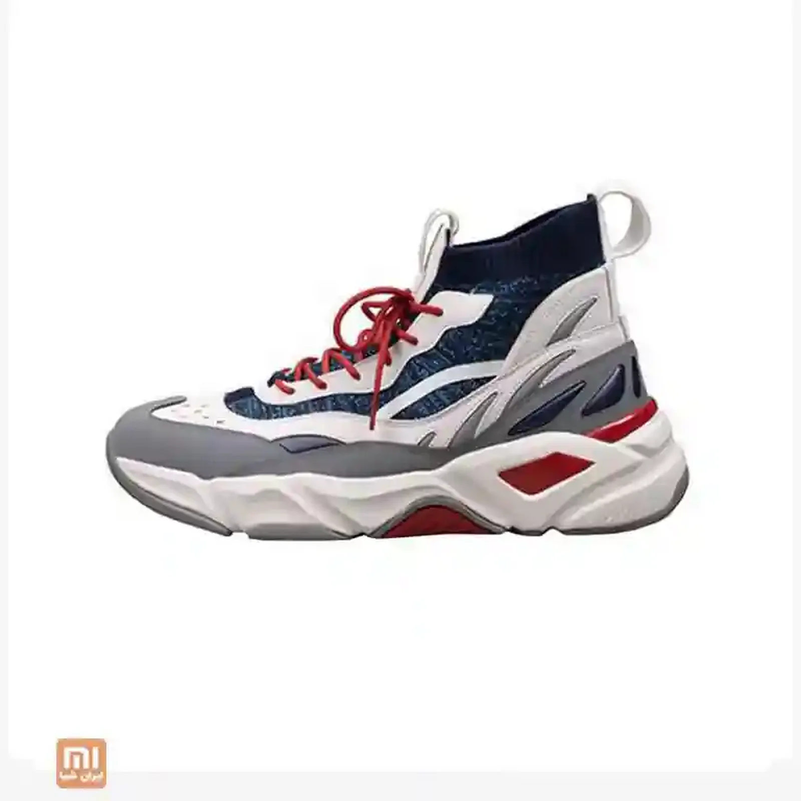 نمای جانبی کفش ورزشی شیائومی FREETIE Cycling کفش ساقدار FREETIE Cycling Sneaker سفید و سرمهای با بند قرمز