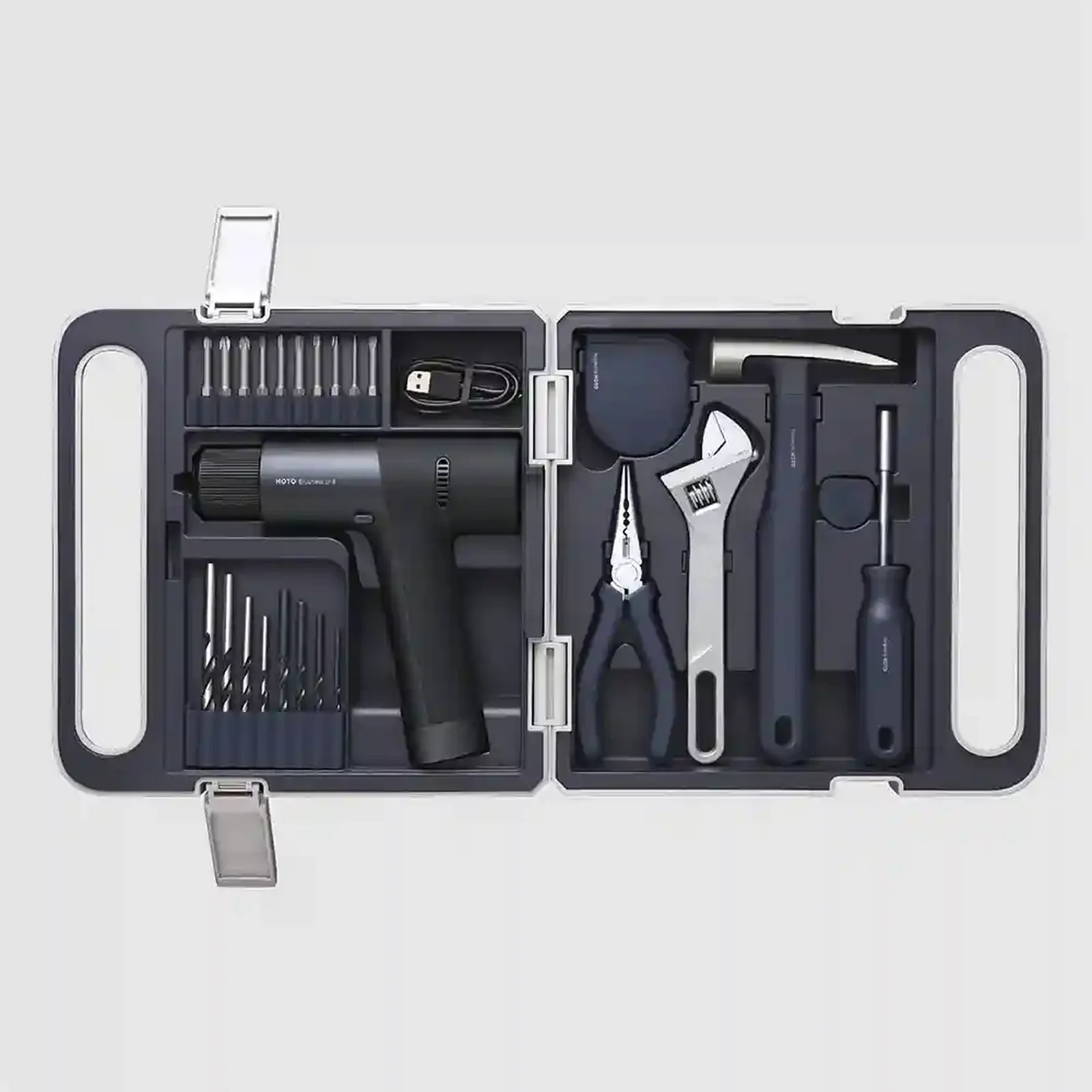 نمای کامل جعبه ابزار Hoto Brushless Drill Kit QWDZGJ001 جعبه ابزار شیائومی Hoto Brushless Drill Kit QWDZGJ001 باز با دریل و ابزار دستی