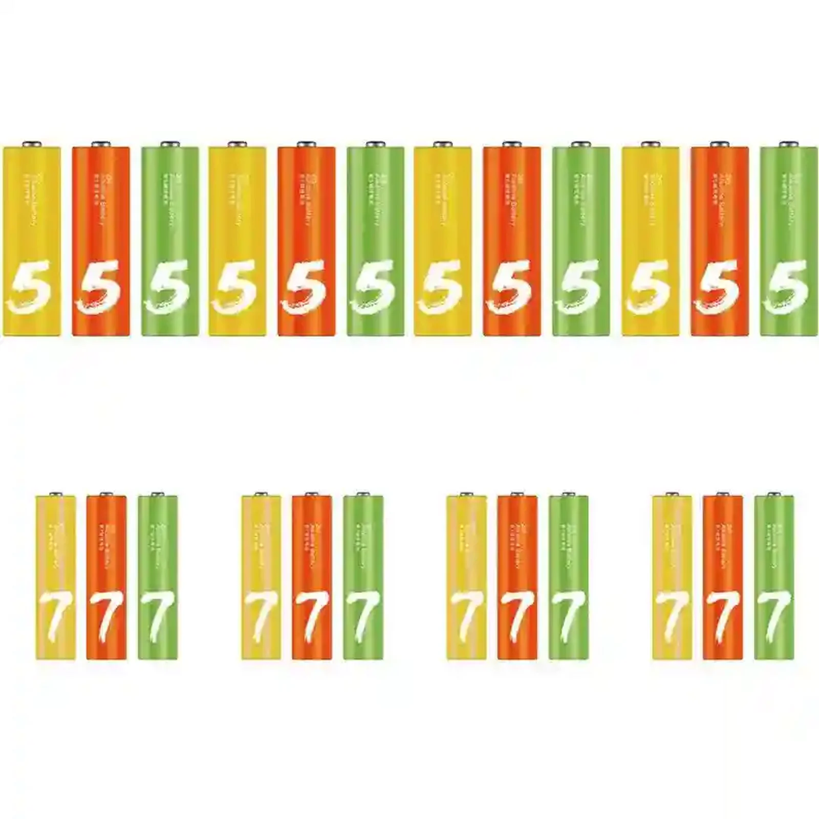 مجموعه باتری قلمی و نیمقلمی شیائومی ZI5 ZI7 بسته 24 عددی باتری آلکالاین شیائومی ZI5 و ZI7 در رنگهای زرد نارنجی و سبز