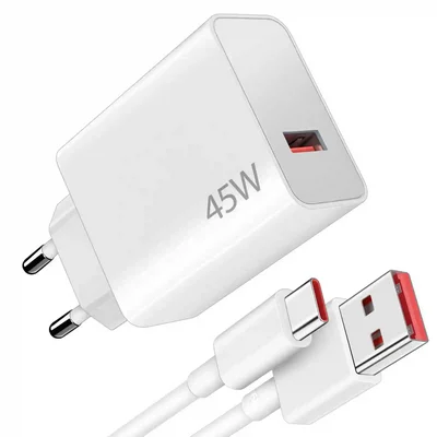 جزئیات کابل همراه آداپتور ۴۵ وات شیائومی کابل سفید USB-A به USB-C کنار آداپتور ۴۵ وات شیائومی