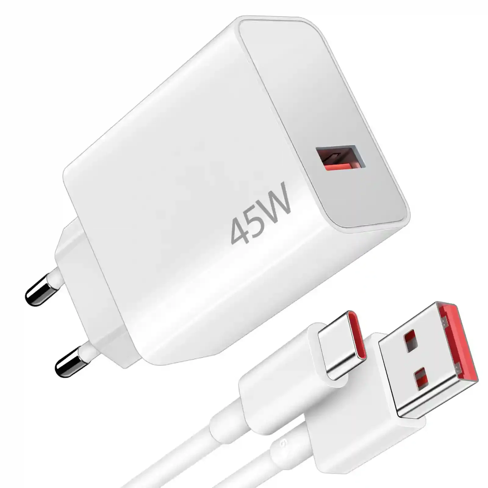 آداپتور ۴۵ وات شیائومی همراه کابل Type-A به Type-C آداپتور سفید ۴۵ وات شیائومی با پورت USB-A قرمز و کابل USB-A به USB-C