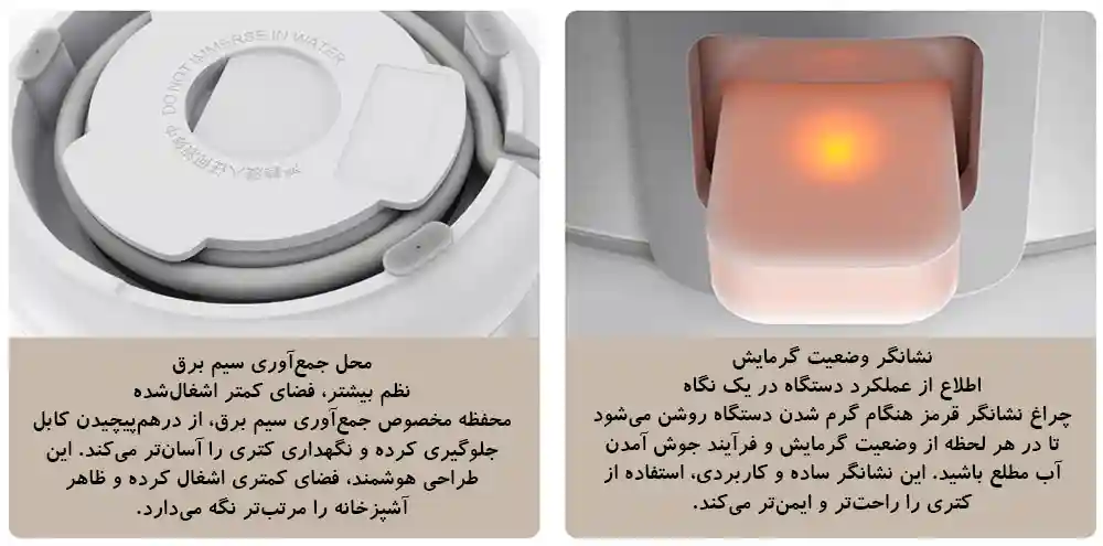 محل جمعکردن سیم زیر پایه و چراغ نشانگر گرمایش کتری