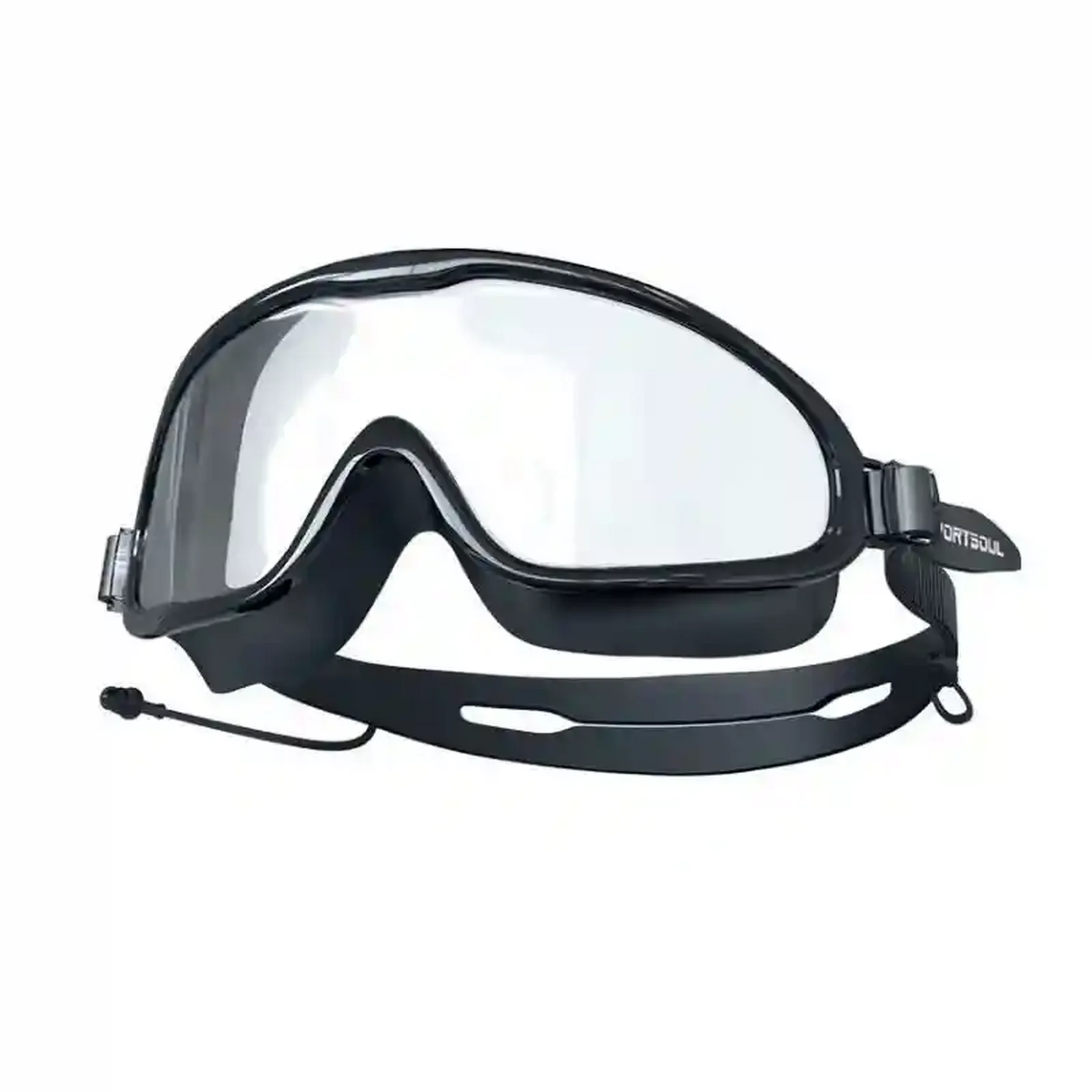 نمای اصلی عینک شنای اسپرتسول فریم بزرگ ضد بخار عینک شنای مشکی Sportsoul Large Frame Anti-Fog با لنز شفاف بزرگ