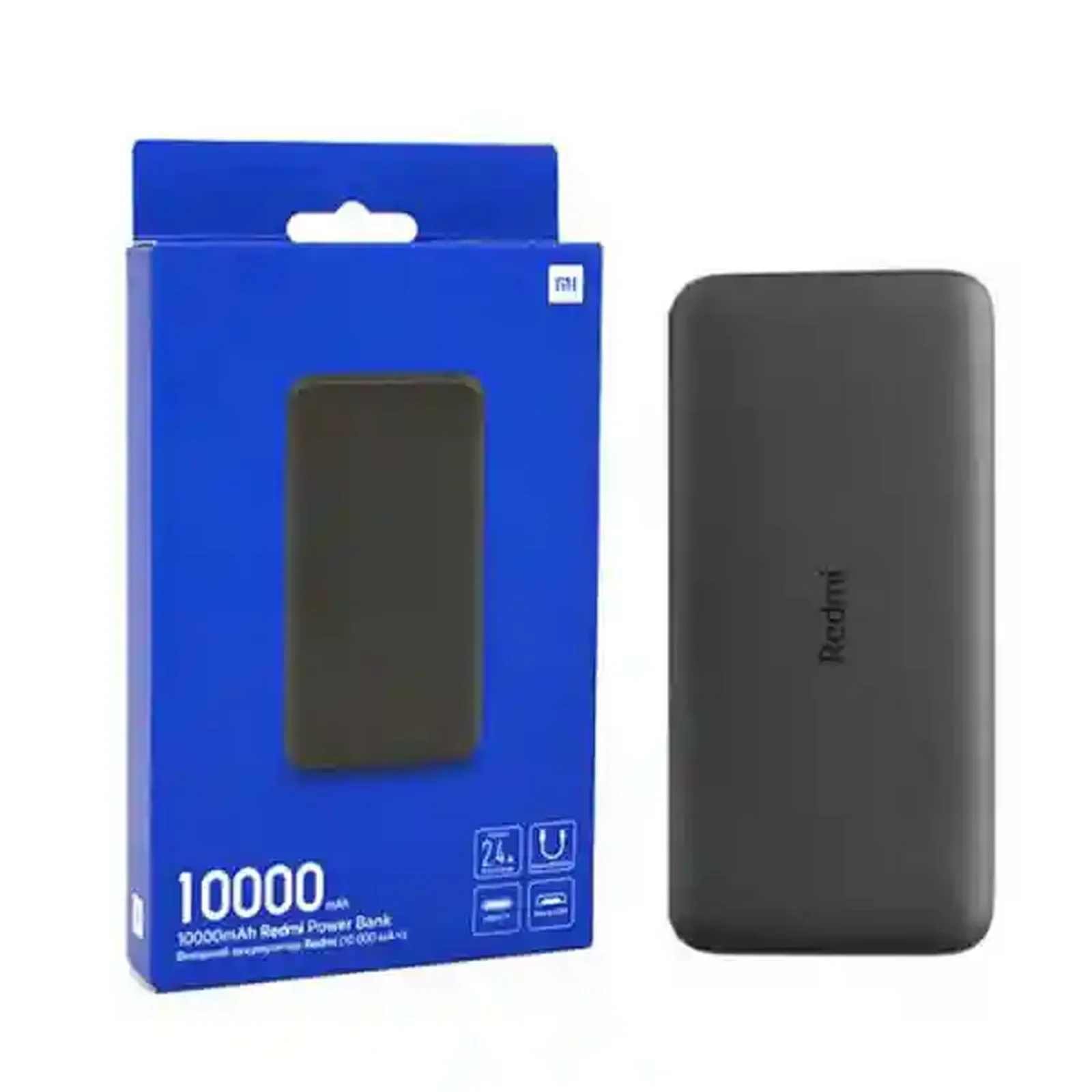 پاوربانک مشکی ۱۰۰۰۰ شیائومی Redmi PB100LZM کنار جعبه آبی