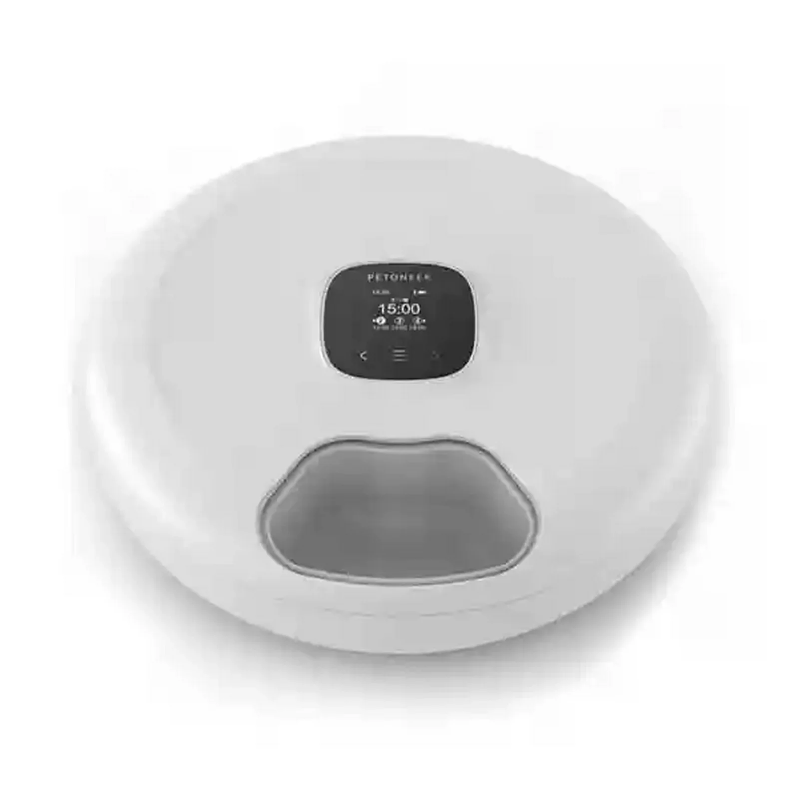 غذاده حیوان خانگی Petoneer PF001-M از نمای جلو غذاده هوشمند گرد Petoneer PF001-M سفید با نمایشگر ساعت ۱۵ و دریچه ظرف