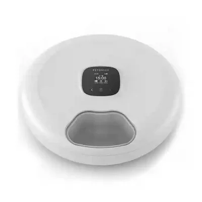 غذاده حیوان خانگی Petoneer PF001-M از نمای جلو غذاده هوشمند گرد Petoneer PF001-M سفید با نمایشگر ساعت ۱۵ و دریچه ظرف
