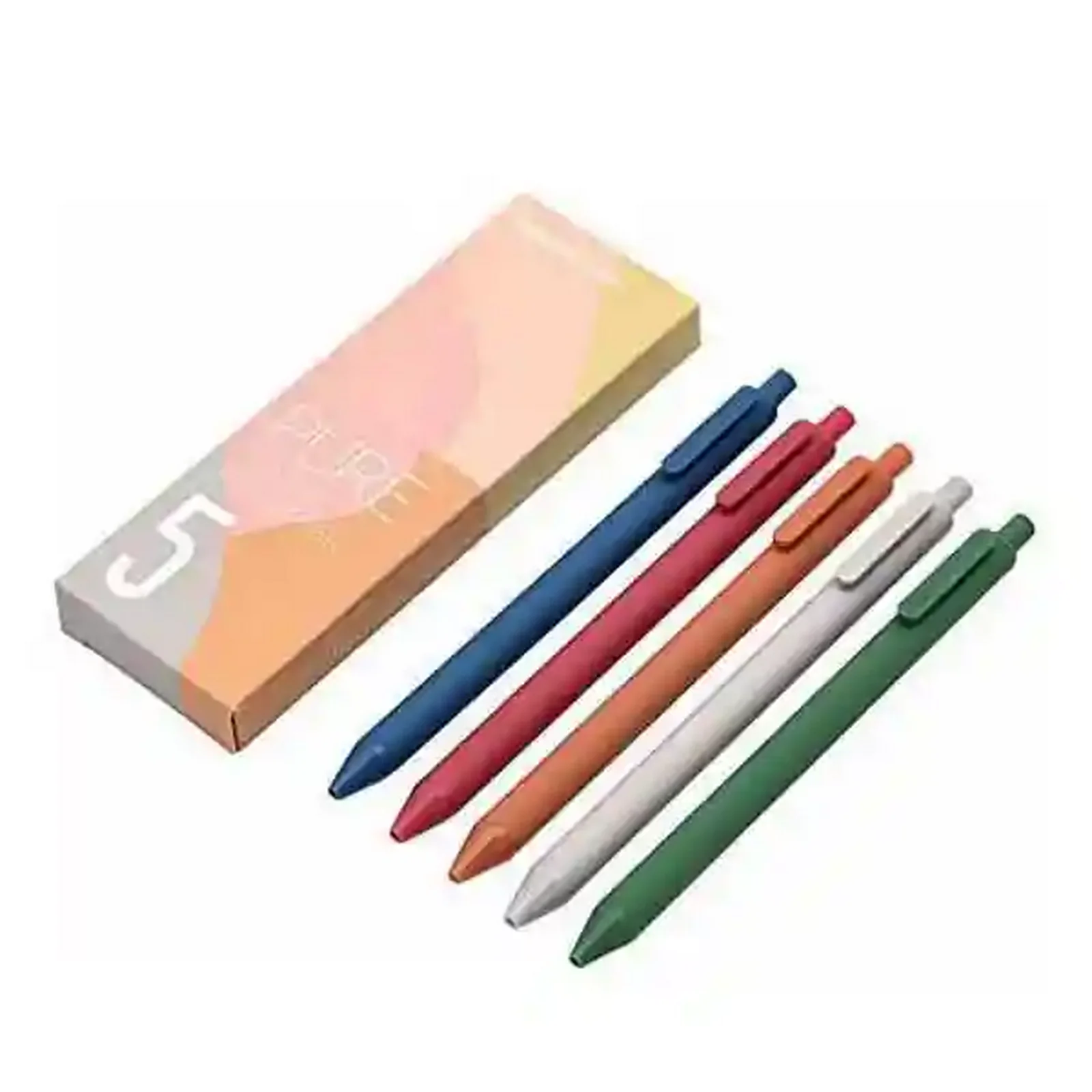 مجموعه خودکار رنگی شیائومی Kaco K1015 پنج عددی پک پنج رنگ خودکار Kaco Green K1015 کنار جعبه