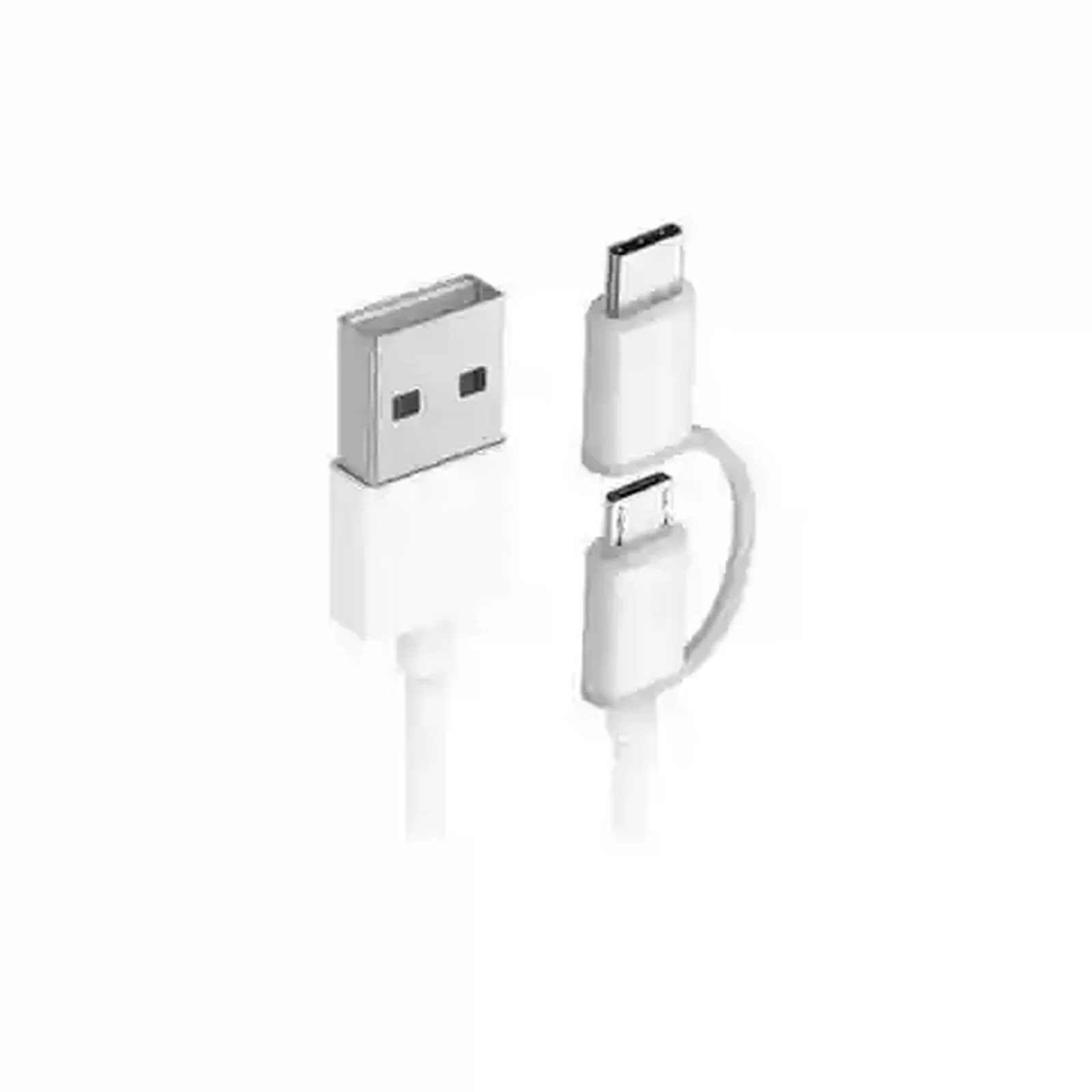 نمای کانکتورهای کابل دوکاره Xiaomi SJX01ZM کابل سفید Xiaomi SJX01ZM با سری Micro-USB و مبدل Type-C متصل
