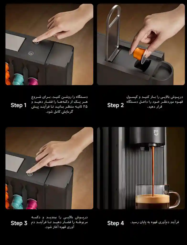مراحل روشنکردن، گذاشتن کپسول و گرفتن قهوه در S1